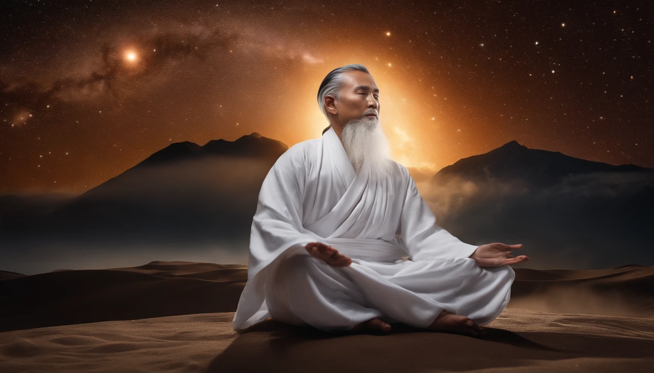 Close-up of 30-year-old Asian middle-aged Taoist priest meditating with his eyes closed,long white hair,Sit in the center,A meditative,Vast galaxy starry sky background,Has a white beard,Meditation cross-legged,Daoism, Wear a white robe,white sash,magic aura,Taoist master,Taoist,The entire galactic starry sky,Magnificent momentum,Rising starlight,at centre,Face the lens,Very bright colors, Light particles, with light glowing, Mshiv, wallpaper art, UHD wallpaper