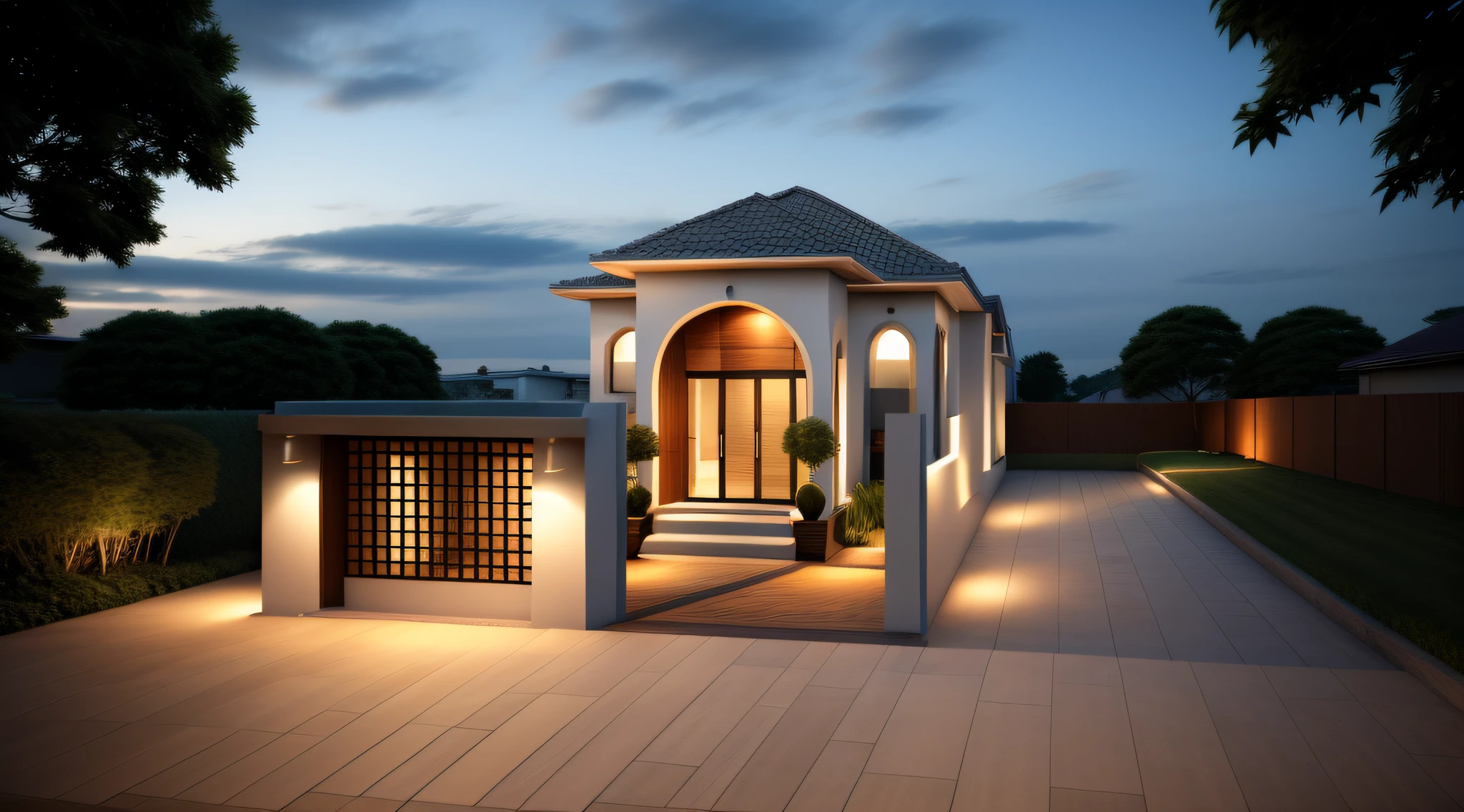 Exterior, morden house, dynamic light, curve linear