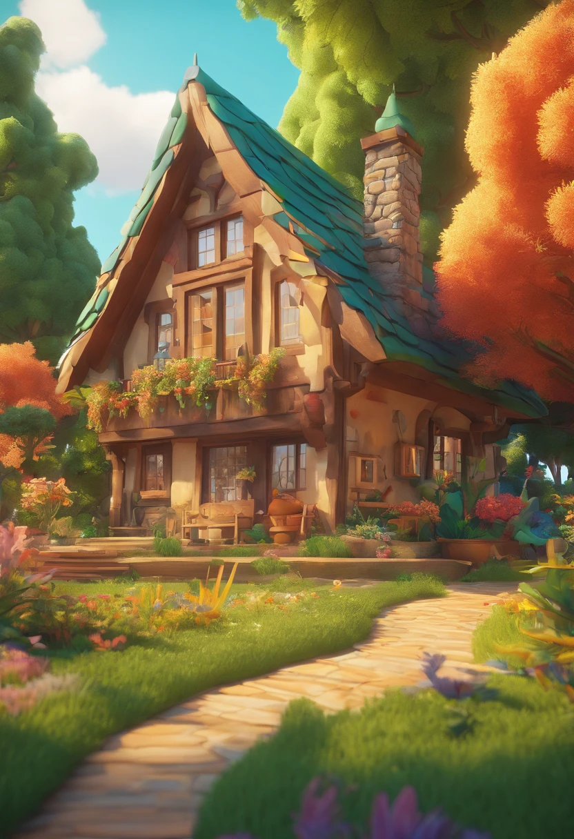 A house situated in the middle of the forest, around the house is a very small wheat far. The cartoon-styled house has a whimsical and playful look with exaggerated features, vibrant colors, and simplified curvy shape. forest trees surround the farm, its trees tall and green, creating a natural backdrop for the scene. stylized, real-fantasy style.