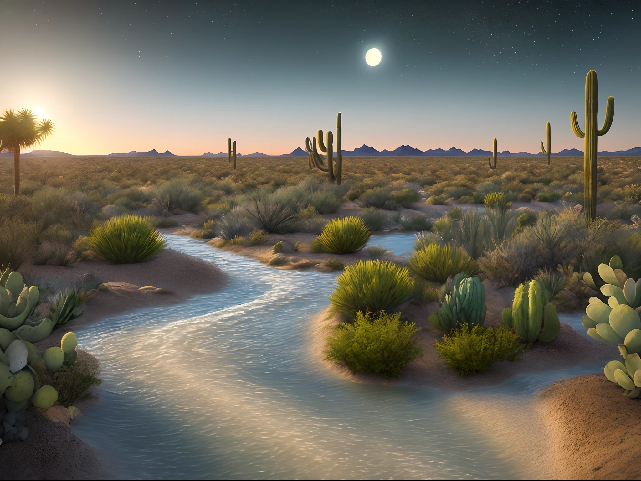 A desert land with white sand all around the scenery ; photorealistic nighttime abandoned hyper realistic masterpiece
8k quality clear skies billions of stars illuminating the scenery
A narrow and shallow clear water stream with pale blue color with cactus plants surrounding it hyper realistic plane land plantation denser than usual