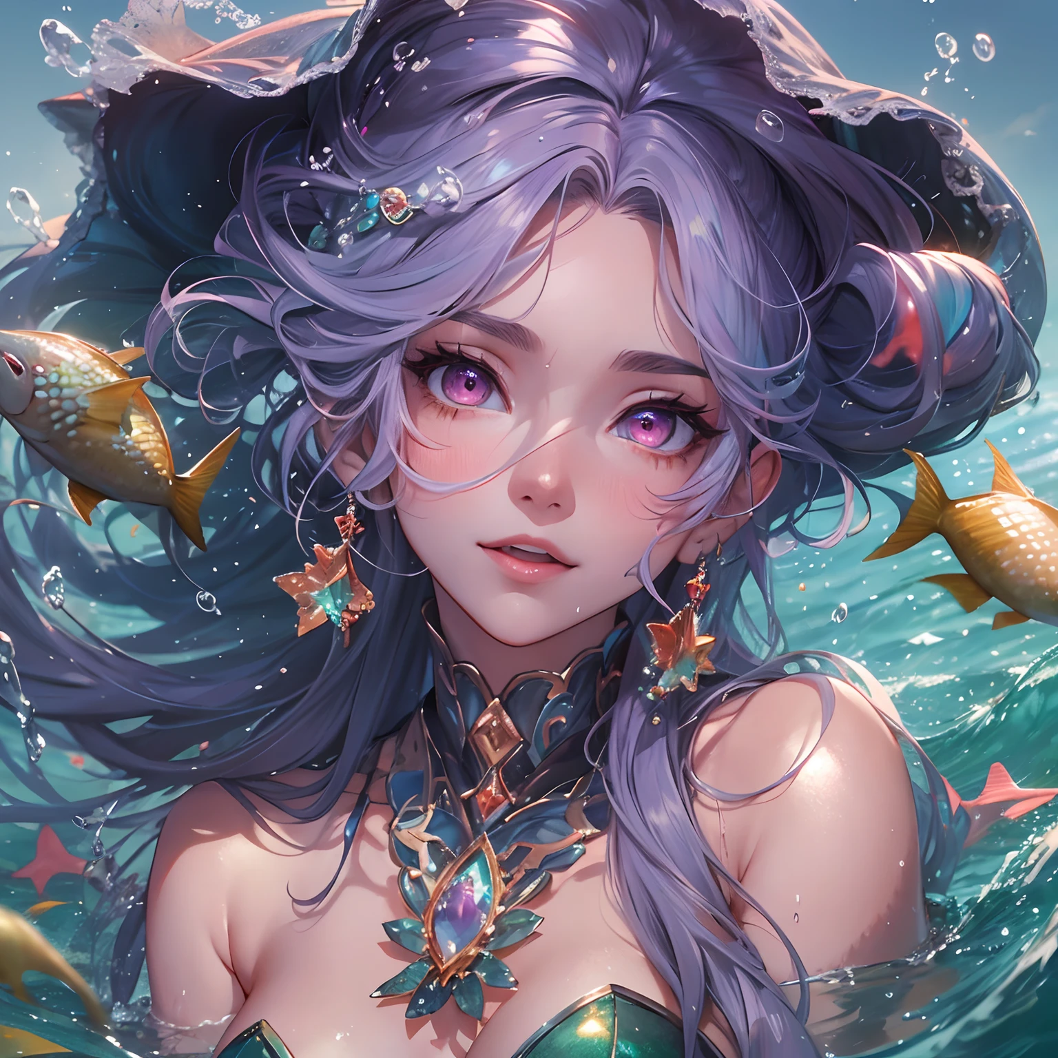 (Masterpiece, Highest quality)), Detailed face, ， full bodyesbian, Full of details, Multiple poses and expressions, Highly detailed, Depth, Many parts，Beautiful mermaid girl，Human fishtail，estilo fantasia，Extremely beautiful，High Balance, Natural light, Water ripples around, white hair, fish features, red eyes, gills, scales, sea shell hair ornament, red jewellery, deep blush, giggling, , sweating, heart in eyes, ((purple tinted skin)), blush, highlights, glossy lips,(mermaid tail)), 4k, high quality, (((long hair))), sitting on rock, looking sunset, candid, cowboy shot, sea, water, waves, corals, dark, stormy