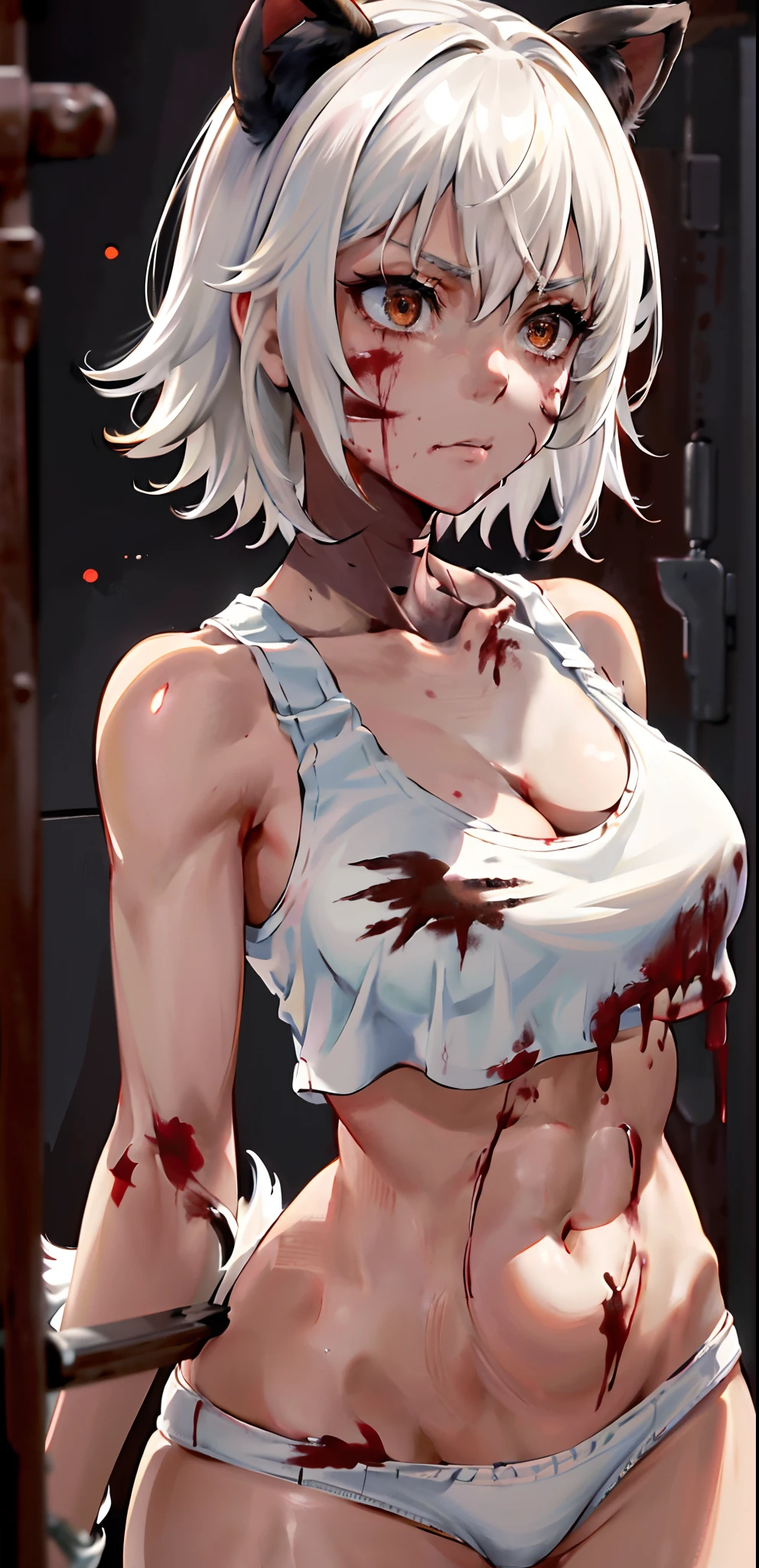 masterpiece, best quality, highres, 1girl, solo, animal ears, white hair, short hair, brown eyes, tail, medium breasts, navel, white panties, cropped tank top, cleavage, (((upper body))), standing, ((blood on face)), blood on hand, (murderer),  close-up, perfect anatomy,  dark theme, (torture room).