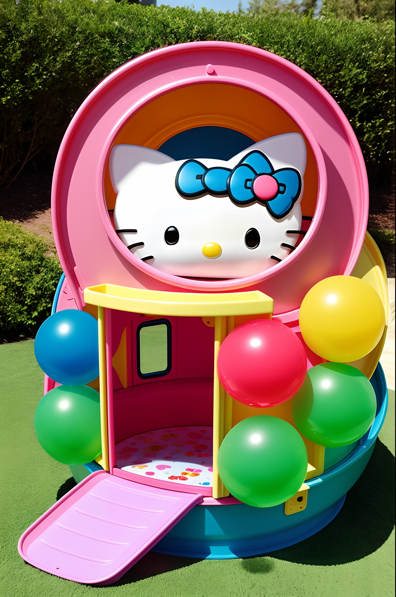 Hello kitty themed kid playhouse with slide, centered, photorealistic, intricate details, cute design, colorful plastic balls