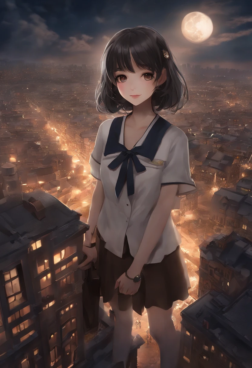 ,(16yo girl:1.5)、Anime-style protagonist、A dark-haired、Overhead view composition of school uniform、Lots of clouds,heavy fog、Moon,Chaotic city of the future、dystopian、Dim lighting、Chaotic、Beautiful and fantastic scenery、Lots of buildings fireworks cinematic scenery、hightquality、masutepiece,in 8K、hight resolution、