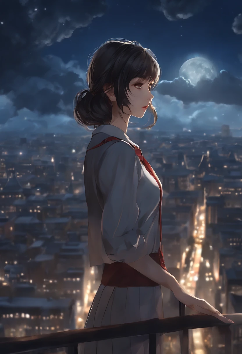 ,(16yo girl:1.5)、Anime-style protagonist、A dark-haired、Overhead view composition of school uniform、Lots of clouds,heavy fog、Moon,Chaotic city of the future、dystopian、Dim lighting、Chaotic、Beautiful and fantastic scenery、Lots of buildings fireworks cinematic scenery、hightquality、masutepiece,in 8K、hight resolution、