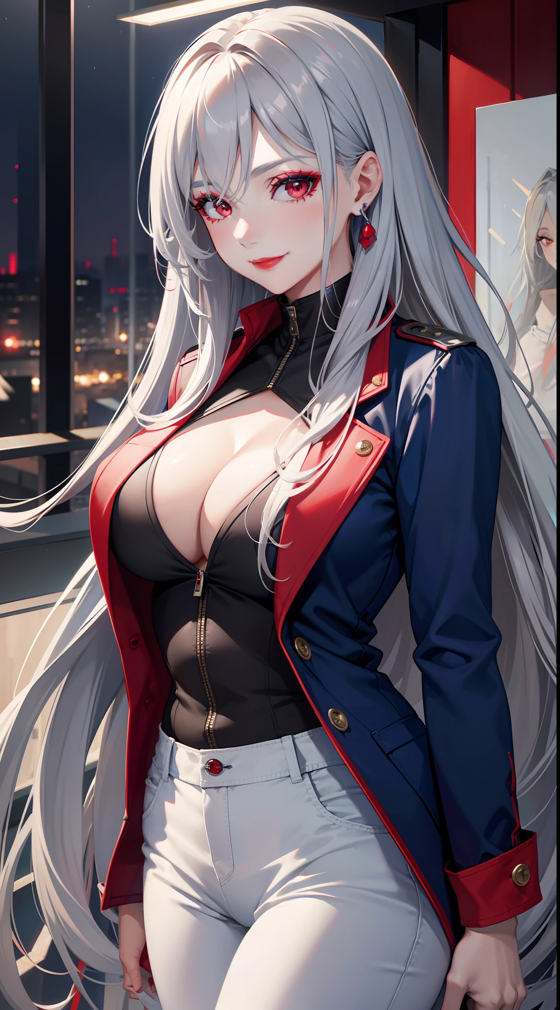 Adult woman, long gray hair, red eyes, red eyeshadow, blue lipstick, blue jacket, white pants , large breasts, Smile, Masterpiece, hiquality, 4k, HD, Good detail