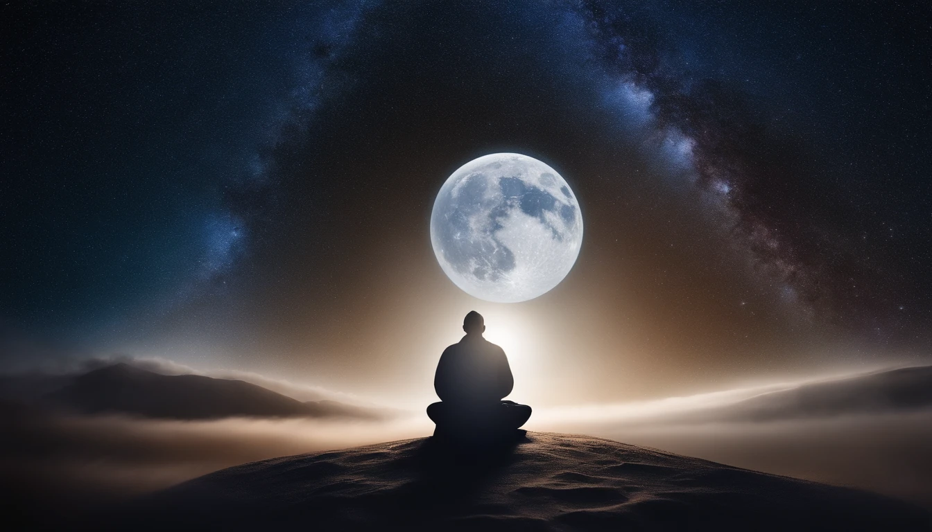 Close-up of a 30-year-old Asian middle-aged Taoist priest meditating with his eyes closed,long  white hair，Sit in the center，A meditative，Deep blue galactic starry sky background，There is a white beard，Meditation cross-legged，Daoism, Wear a white robe，white sash，magic aura，Taoist master,Taoist，The entire galactic starry sky，Magnificent momentum，Rising starlight，at centre，Face the lens，Very bright colors, Light particles, with light glowing, Mshiv, wallpaper art, UHD wallpaper