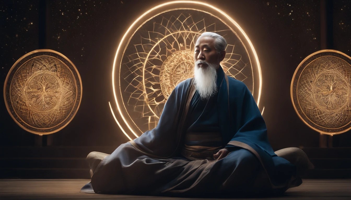 Close-up of a 30-year-old Asian middle-aged Taoist priest meditating with his eyes closed,long  white hair，Sit in the center，A meditative，Deep blue galactic starry sky background，There is a white beard，Meditation cross-legged，Daoism, Wear a white robe，white sash，magic aura，Taoist master,Taoist，The entire galactic starry sky，Magnificent momentum，Rising starlight，at centre，Face the lens，Very bright colors, Light particles, with light glowing, Mshiv, wallpaper art, UHD wallpaper