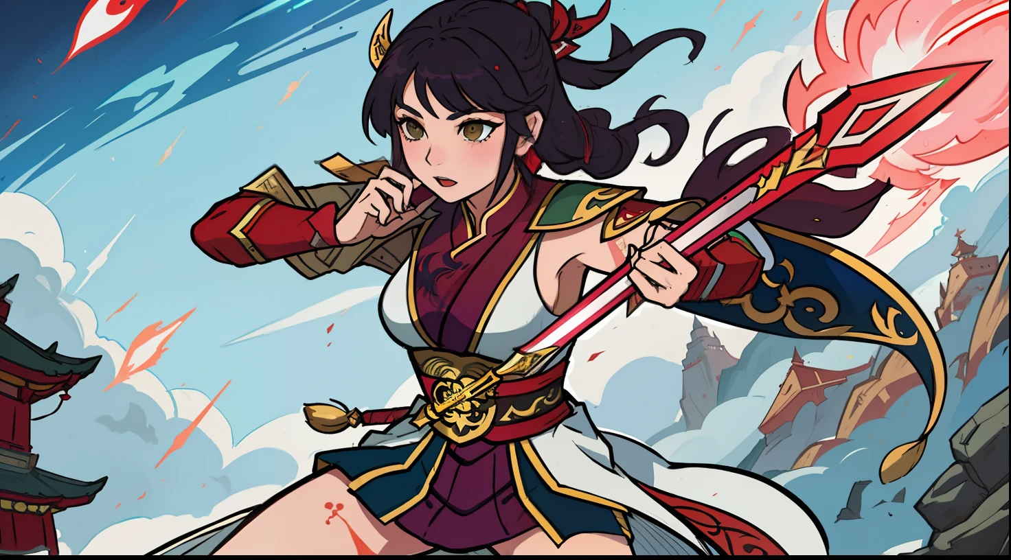 uma mulher em um vestido vermelho segurando uma espada e uma espada, Bian Lian, Akali, inspirado em Ju Lian, Ruan Jia e Artgerm, por Yang J, Zhongli, Genshin Impact, inspirado em Lan Ying, Keqing de Genshin Impact, inspirado por Li Mei-shu, trending artgerm, Artgerm e Ruan Jia