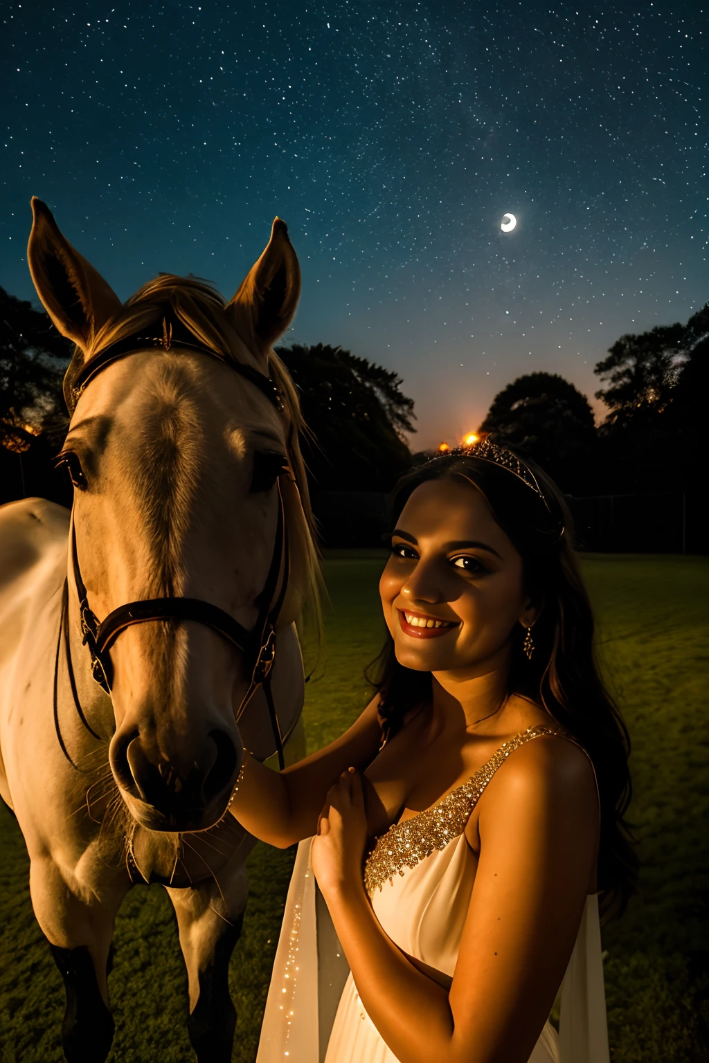 1 Beautiful Queen Lady, Long hair ((Upper body selfie, Happy)) tiarra, Full breasts, Silky skin, masutepiece, Best Quality, Ultra-detailed, Solo, Outdoor taking a selfie next to a white brick castle (Well Detailed, Intricate details), Against the background of horses (Depth of field with enhanced background), With lawn floor, Flowers, butterflys, fireflys (Night),  (Stars, Moon) Cheerful, Happy, royal dress, Contrasty, crystal clear skies, Style, (warm hue, warm tone): 1.2), close-up, Cinematic Light, Side lighting, Ultra High Resolution, Best Shadow, raw, Upper body.