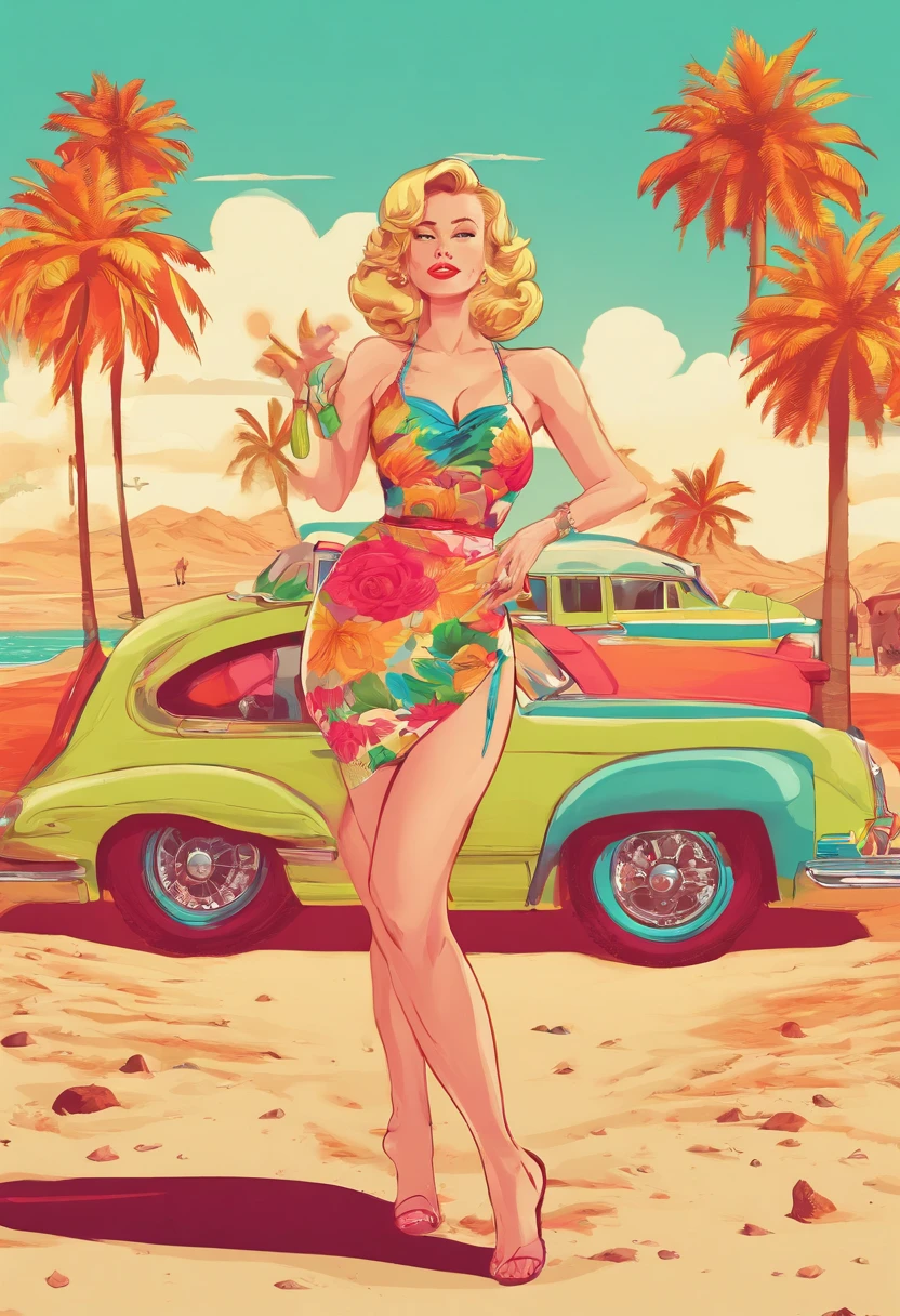 Generar ilustraciones , Glassmorphism, Obra maestra, Best Film, Estilo de la cultura pop, pulpa,
QUEBRAR,
a 30 years-old woman,rubia,norteamericana, French swimsuit from the 1950s, Mirar amigablemente al espectador, como si la invitara a comprar, Ropa educada,posando frente a la playa