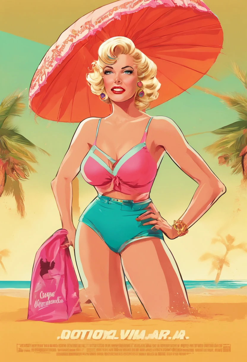 Generar ilustraciones , Glassmorphism, Obra maestra, Best Film, Estilo de la cultura pop, pulpa,
QUEBRAR,
a 30 years-old woman,rubia,norteamericana, French swimsuit from the 1950s, Mirar amigablemente al espectador, como si la invitara a comprar, Ropa educada,posando frente a la playa