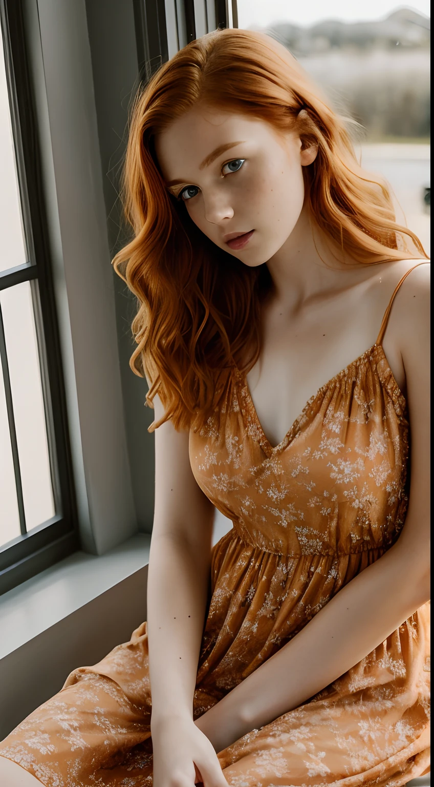 1girl in, age35, Solo, Aesthetic artwork, irish redhead, wavy ginger hair, shoulder length ginger hair, gray eyes, light grey eyes, some small freckles, pale skin, A-cup, small breasts, runners body, (textured skin, skin pores:1.1), (moles:0.8), imperfect skin, goosebumps, sitting down having coffee, drinking coffee, (extremely detailed 8k wallpaper), soft lighting, high quality, film grain, Fujifilm XT3 sharp focus, f 5.6, 50mm, High Detail, Sharp focus,(natural light), in a black colored dress. A black sundress, floral pattern sundress, crazy details, complex details, hyperdetailed