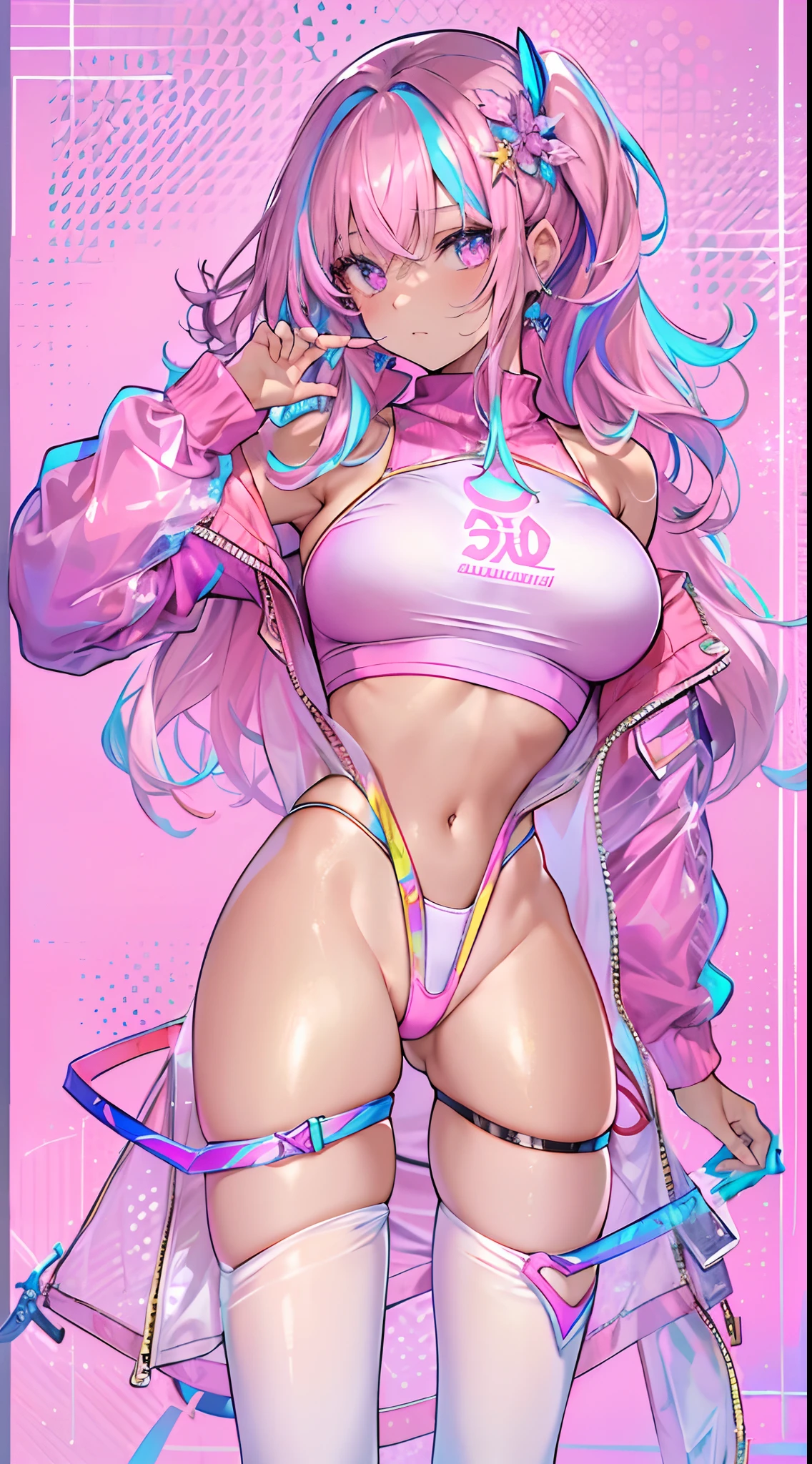 ((Masterpiece)), best quality, absurderes, ultra detailed, holographic, cowboy shot, golden ratio, super cute girl, mature girl, idol girl, super beautiful asian girl with very beautiful violet glowing eyes, beautiful glowing brown multicolored hair, high ponytail, nice and sexy body, slim body, perfect body, an anime printed super tight off shoulder long sleeve crop top, wearing super tight anime print micro shorts, a super aesthetic transparent mini jacket, beautiful hair ornament, pink jordan tennis, being photographed in a mall shop,( undressing, taking off micro shorts, showing neon pink panties, showing thong: 1.5)