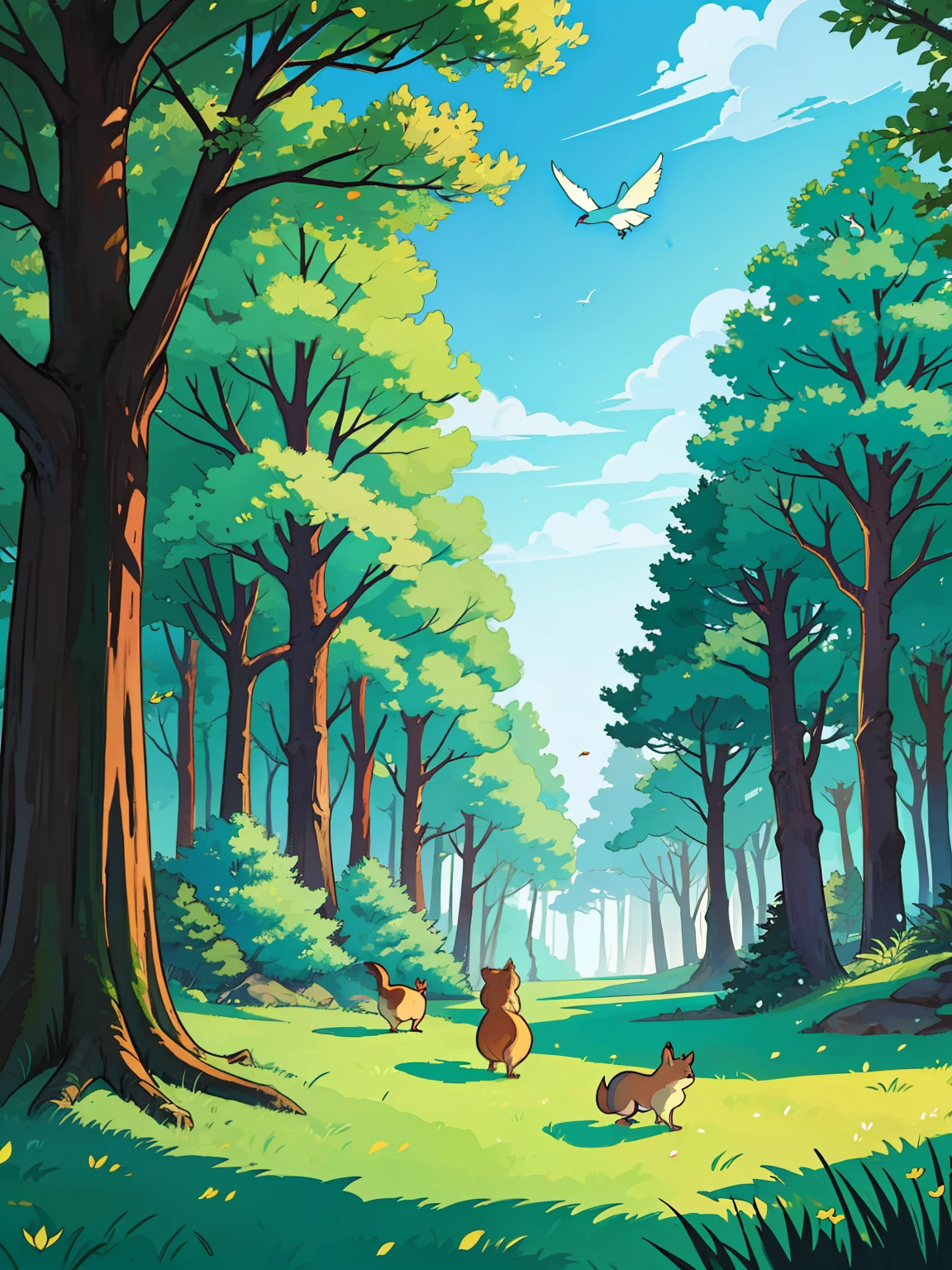 entrance of the Enchanted Forest Fairytale magic, fantasy illustration, squirrels on the grass, with several birds in the sky, tall trees touching the sky, with bright colored leaves