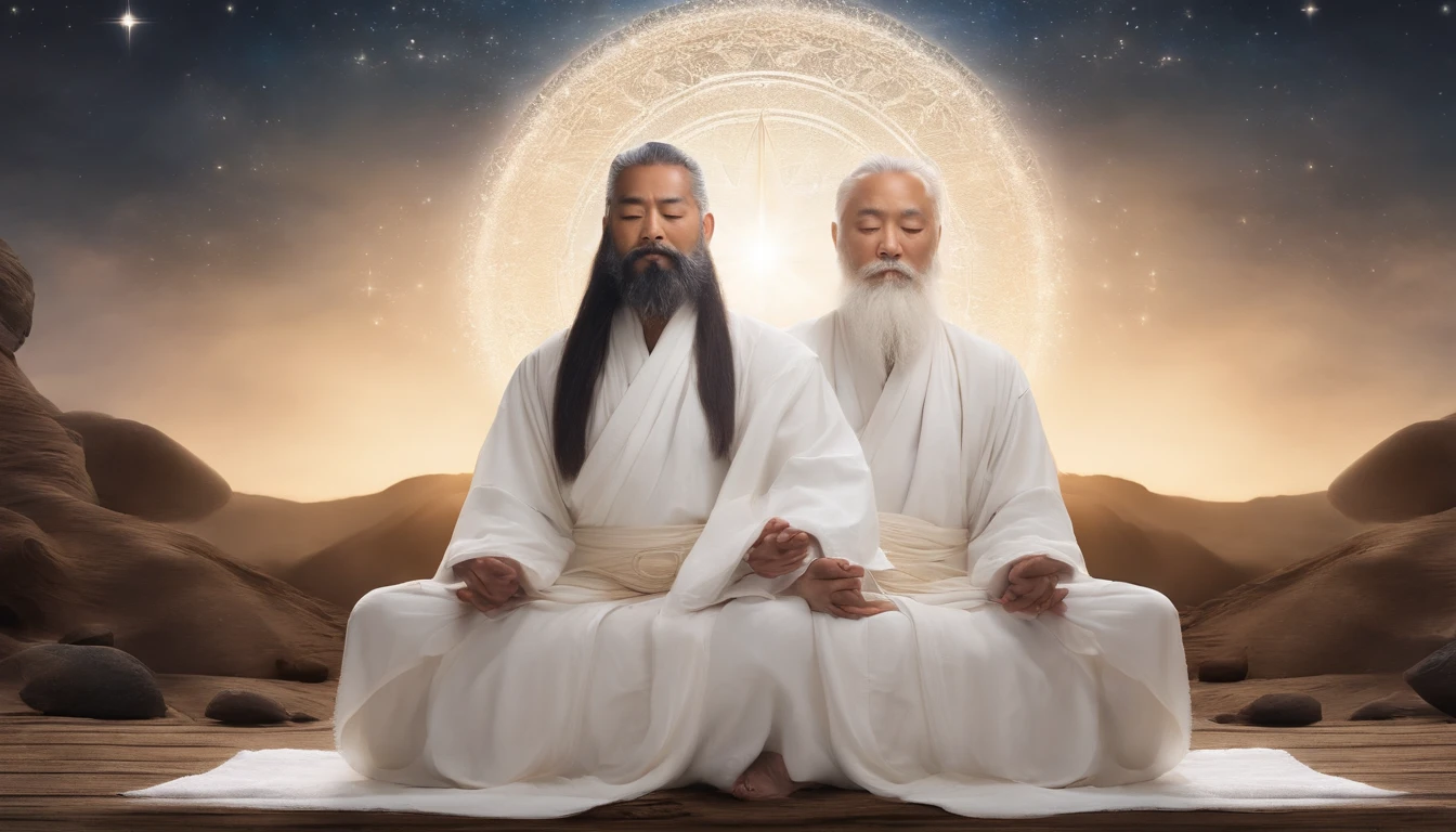 Close-up of a 30-year-old Asian middle-aged Taoist priest meditating with his eyes closed,long  white hair，Sit in the center，A meditative，Vast starry sky background，There is a white beard，Meditation cross-legged，Daoism, Wear a white robe，white sash，magic aura，Taoist master,Taoist，Magnificent momentum，Rising starlight，at centre，Face the lens, Light particles, with light glowing, Mshiv, wallpaper art, UHD wallpaper