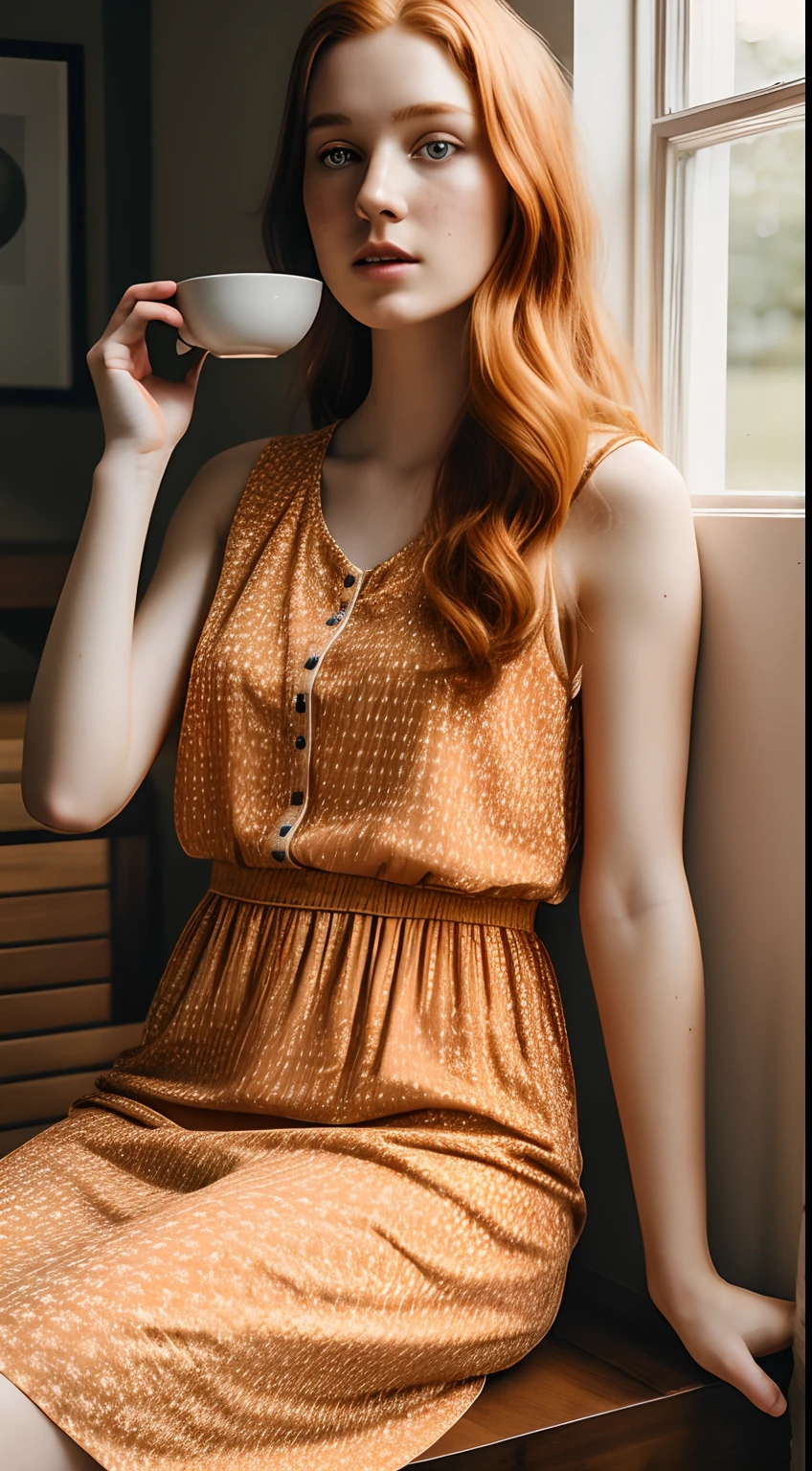 1girl in, age19, Solo, Aesthetic artwork, irish redhead, wavy ginger hair, shoulder length ginger hair, gray eyes, light grey eyes, some small freckles, pale skin, A-cup, small breasts, runners body, (textured skin, skin pores:1.1), (moles:0.8), imperfect skin, goosebumps, sitting down having coffee, drinking coffee, (extremely detailed 8k wallpaper), soft lighting, high quality, film grain, Fujifilm XT3 sharp focus, f 5.6, 50mm, High Detail, Sharp focus,(natural light), in a orange colored dress. A orange sundress, floral pattern sundress, crazy details, complex details, hyperdetailed