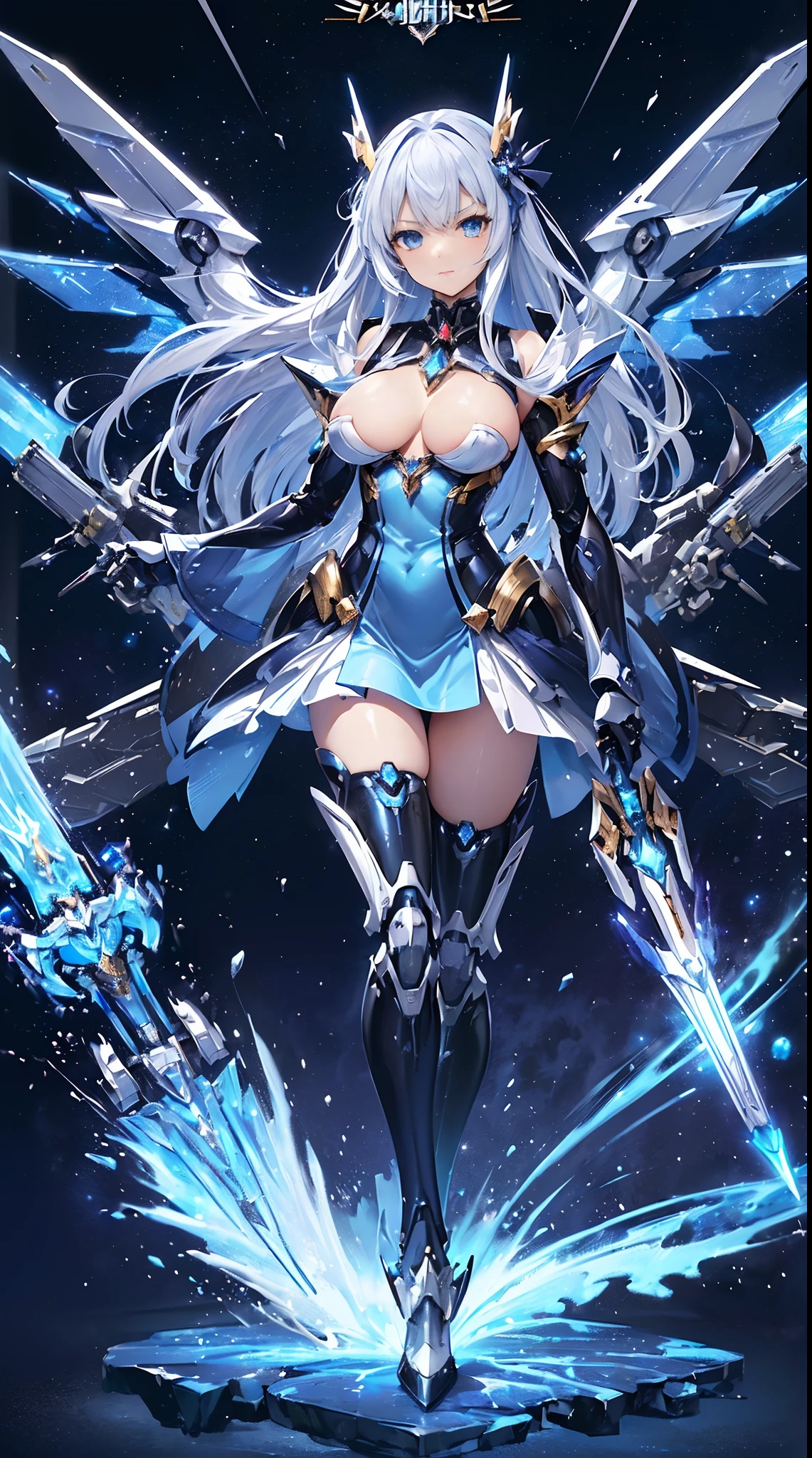 ((masterpiece:1.2)), ((highest quality)), detailed metal texture, detailed cloth texture, extreme detailed description, (T-maste piece), super fine illustration, highly detailed face, raw photo, professional, ultra-fine painting, perfect anatomy, real, ((Solo)), ((Mecha Angel Beautiful female wizard in costume)), Beautiful breasts, Concept art, (Combat pose), Detailed fantasy art, (Beautiful shiny silver hair), (Has large wings), ((mecha:1.4))Smooth and menacing design, (Sapphire blue mechanical magic wand exclusively for marshals), (Marshal's exclusive sapphire blue magic attack weapon armament), ((action pose)), ((marshal exclusive pearl white and sapphire blue magic attack weapon armament type armor dress), starry sky, other world, Magic Circle, no robot, (NSFW)