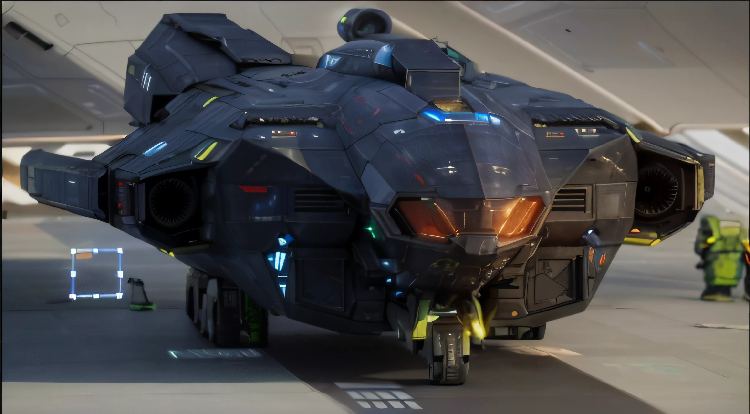 a close up of a jet airplane on a runway with a man standing nearby, spaceship from the movie dune, scifi spaceship, star citizen halo, star citizen concept art, dark ( spaceship ), scifi futuristic vehicles, science fiction spacecraft, futuristic spaceship, detailed spaceship, futuristic starship, octane render sci - fi, landed spaceship in background, dread scary spaceship