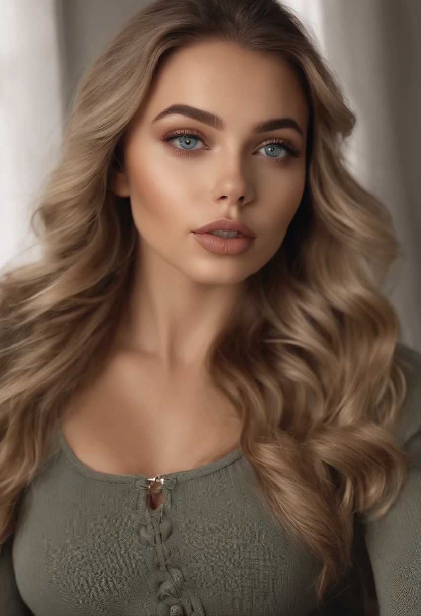 Arafed woman completely , fille sexy aux yeux bleus, ultra realist, Meticulously detailed, Portrait Sophie Mudd, cheveux blonds et grands yeux, selfie of a young woman, Yeux de chambre, Violet Myers, sans maquillage, maquillage naturel, looking straight at camera, Visage avec Artgram, Maquillage subtil, Great photo of the whole body kneeling on the bed, dans la chambre, Medium to large bust