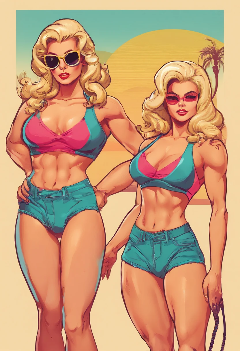 Generar ilustraciones , Glassmorphism, Obra maestra, Best Film, Estilo de la cultura pop, pulpa, QUEBRAR, a 30 years-old woman,rubia,norteamericana, musculosa,Female Bodybuilders,French swimsuit from the 1950s, Mirar amigablemente al espectador, como si la invitara a comprar, Ropa educada,posando frente a la playa