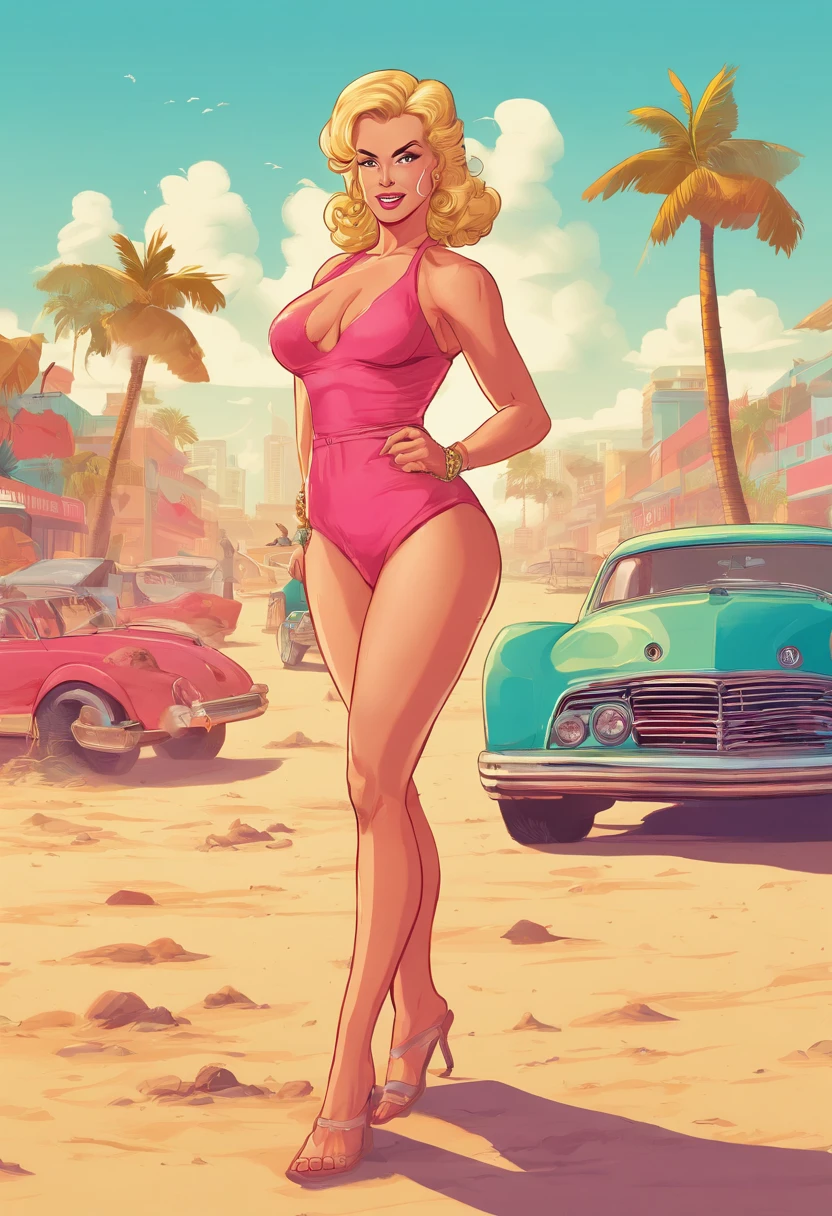 Generar ilustraciones , Glassmorphism, Obra maestra, Best Film, Estilo de la cultura pop, pulpa, QUEBRAR, a 30 years-old woman,rubia,norteamericana, musculosa,Female Bodybuilders,French swimsuit from the 1950s, Mirar amigablemente al espectador, como si la invitara a comprar, Ropa educada,posando frente a la playa