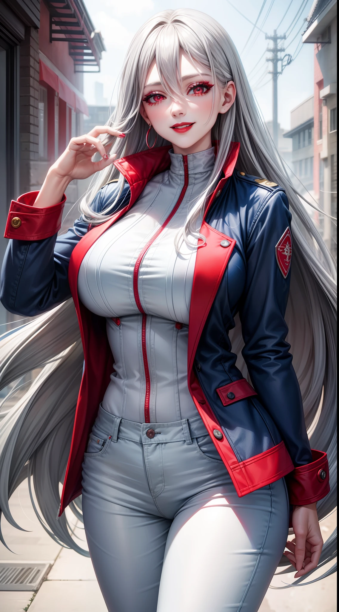 Adult woman, long gray hair, red eyes, red eyeshadow, blue lipstick, blue jacket, white pants , large breasts, Smile, Masterpiece, hiquality, 4k, HD, Good detail