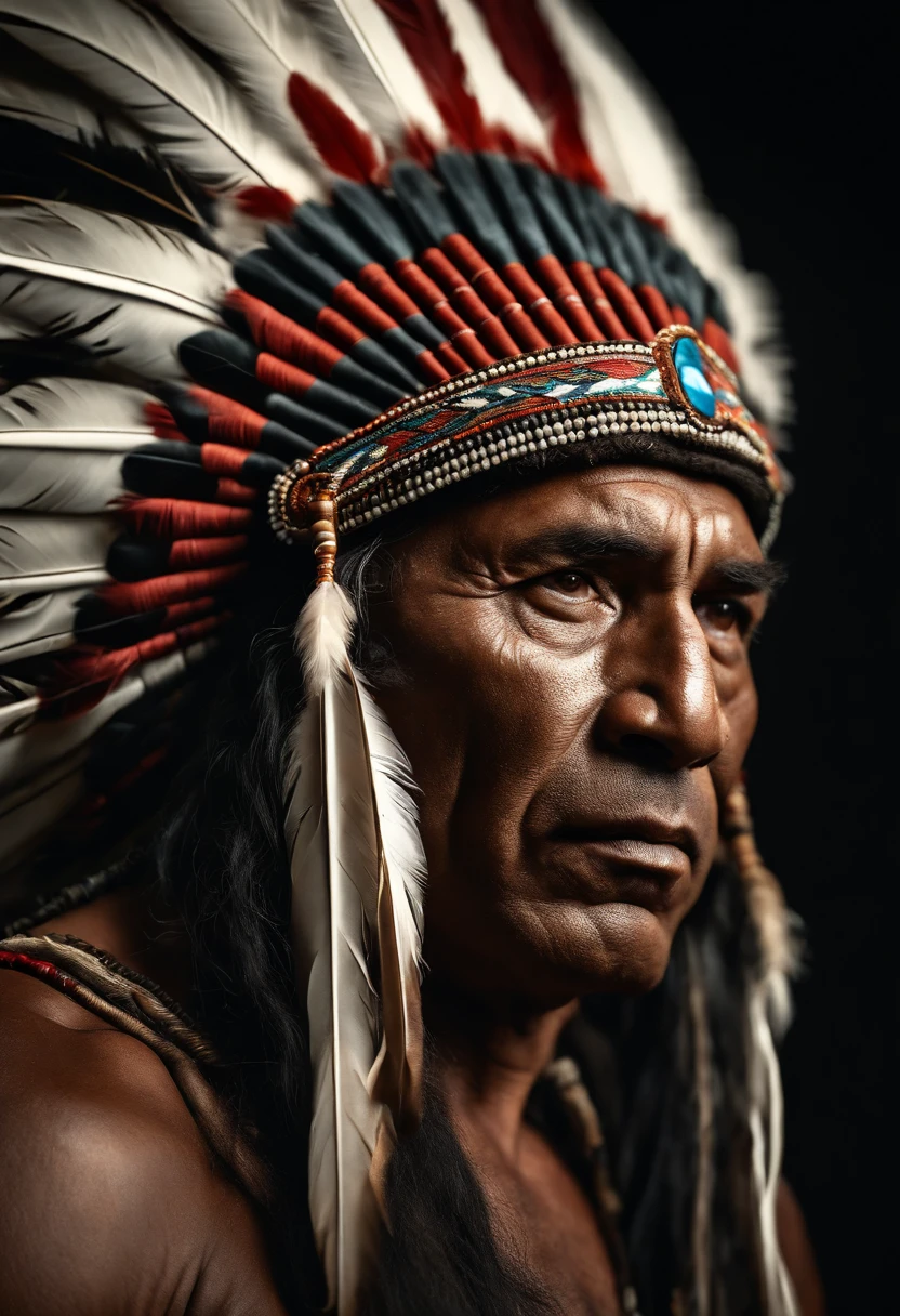 Hyperrealistic cinematic image of a native Indian with feathers on his head, Arte nativa americana, Indian warrior, Nativo americano, Guerreiro nativo americano, Arte nativa, Um guerreiro nativo americano, indigenous man, eagle feather, Guerreiro habilidoso do Apache, warrior spirit, american indian headdress, indigenous art, : native american shamen fantasy, Indigenous, native american folk art, Fotografia de arte indianarrealista, fotografia, obra-prima, realista, Realismo, renderizado, Alto contraste, digital art photographyrealistic trend in Artstation 8k HD high definition detailed realistic,  detalhado, textura da pele, hiper detalhado, textura de pele realista, armadura, melhor qualidade, ultra high-resolution, (fotografiarrealista: 1.4), alta resolução, detalhado, Calado bruto, sharp re, por lee jeffries Nikon D850 Filme Fotografia de Stock 4 Kodak Portra 400 Lente F1.6 Rich Colors Realistic Texture Dramatic Texture Dramatic Lighting Irrealengine Trend on Artstation Cinestill 800