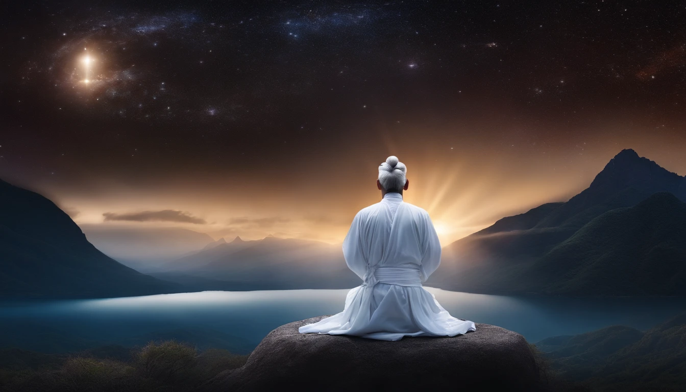 Close-up of 30-year-old Asian middle-aged Taoist priest meditating with his eyes closed,long  white hair，Sit in the center，A meditative，Vast starry sky background，Has a white beard，Meditation cross-legged，Daoism, Wear a white robe，white sash，magic aura，Taoist master,Taoist，The entire galactic starry sky，Magnificent momentum，Rising starlight，at centre，Face the lens，Very bright colors, Light particles, with light glowing, Mshiv, wallpaper art, UHD wallpaper