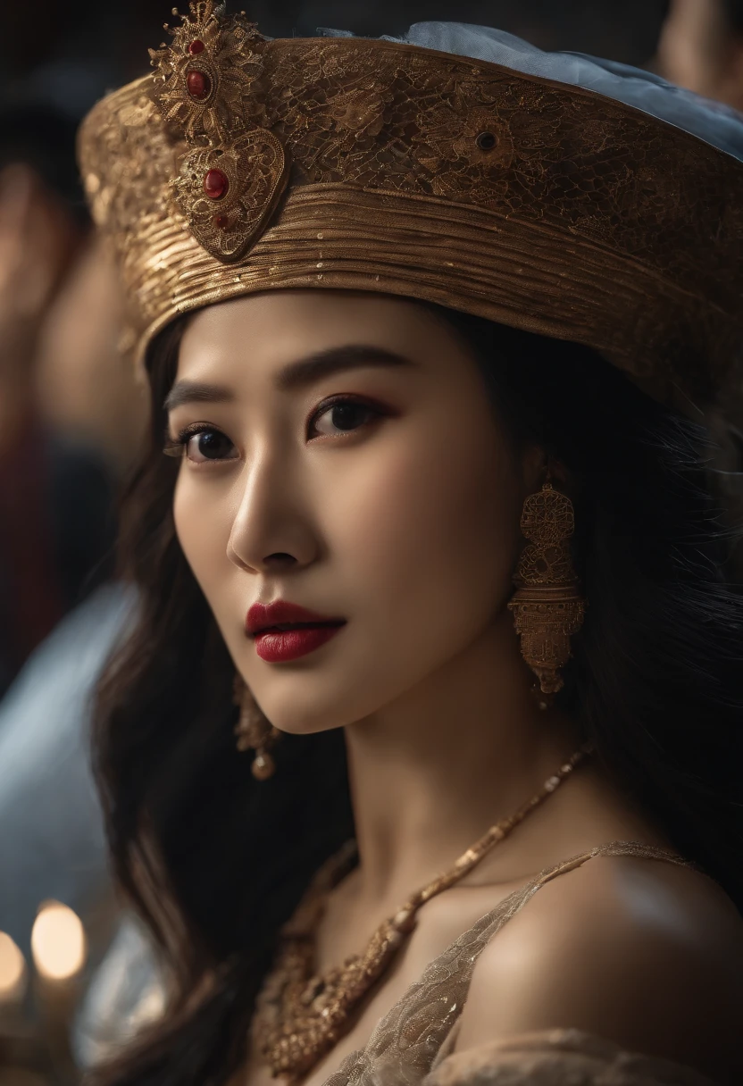 (1girl), South Korean queen, extremally hot girl, Big breast, deep cleavage, wearing south Korean traditional outfit, Depth of field, cinematic light, lens flare, in the dark, deep shadow, (looking at viewer), clear deep eyes, blurry background, dim lights, 9:16 image, masterpiece, max image quality, 8k, ultra HD.