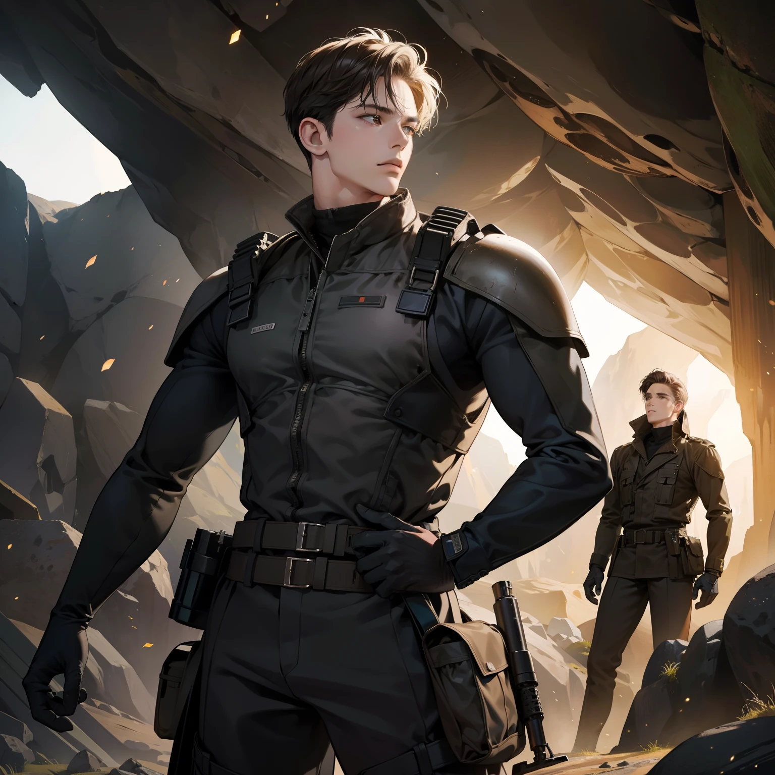 Masterpiece, high quality, best quality, HD, realistic, perfect lighting, 2 man, different colour, expression, military suit, in the cave.