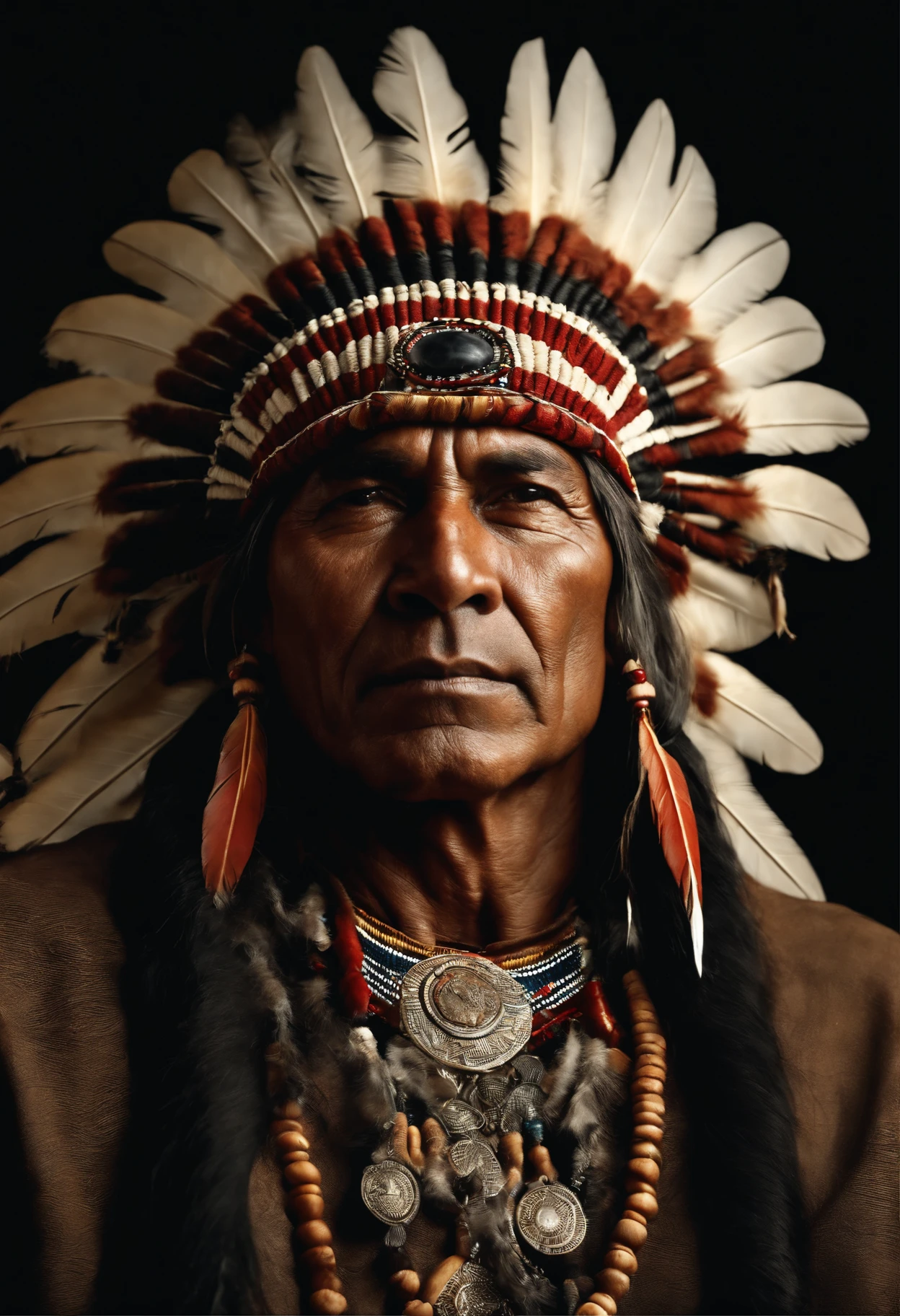 Hyperrealistic cinematic image of a native Indian with feathers on his head, Arte nativa americana, Indian warrior, Nativo americano, Guerreiro nativo americano, Arte nativa, Um guerreiro nativo americano, indigenous man, eagle feather, Guerreiro habilidoso do Apache, warrior spirit, american indian headdress, indigenous art, : native american shamen fantasy, Indigenous, native american folk art, Fotografia de arte indianarrealista, fotografia, obra-prima, realista, Realismo, renderizado, Alto contraste, digital art photographyrealistic trend in Artstation 8k HD high definition detailed realistic, detalhado, textura da pele, hiper detalhado, textura de pele realista, armadura, melhor qualidade, ultra high-resolution, (fotografiarrealista: 1.4), alta resolução, detalhado, Calado bruto, sharp re, por lee jeffries Nikon D850 Filme Fotografia de Stock 4 Kodak Portra 400 Lente F1.6 Rich Colors Realistic Texture Dramatic Texture Dramatic Lighting Irrealengine Trend on Artstation Cinestill 800