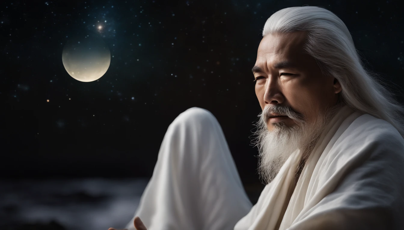 Close-up of 30-year-old Asian middle-aged Taoist priest meditating with his eyes closed,long white hair,Sit in the center,A meditative,Vast starry sky background,Has a white beard,Meditation cross-legged,Daoism, Wear a white robe,white sash,magic aura,Taoist master,Taoist,The entire galactic starry sky,Magnificent momentum,Rising starlight,at centre,Face the lens,Very bright colors, Light particles, with light glowing, Mshiv, wallpaper art, UHD wallpaper