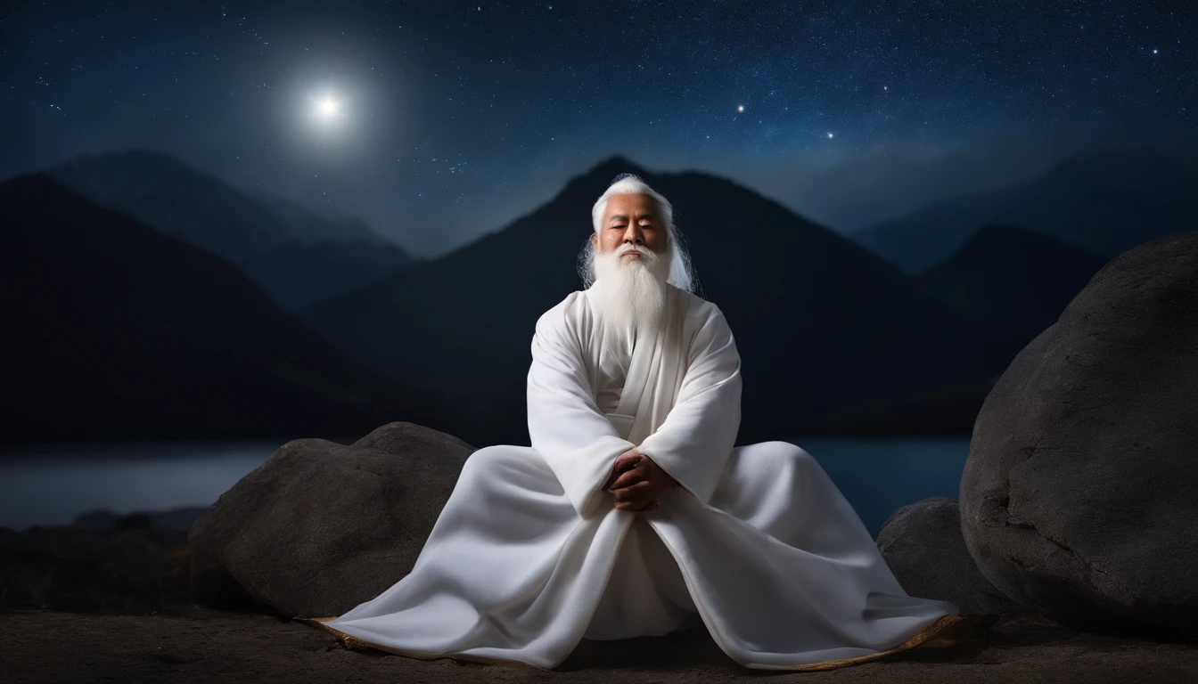 Close-up of 30-year-old Asian middle-aged Taoist priest meditating with his eyes closed,long  white hair，Sit in the center，A meditative，Vast starry sky background，Has a white beard，Meditation cross-legged，Daoism, Wear a white robe，white sash，magic aura，Taoist master,Taoist，The entire galactic starry sky，Magnificent momentum，Rising starlight，at centre，Face the lens，Very bright colors, Light particles, with light glowing, Mshiv, wallpaper art, UHD wallpaper