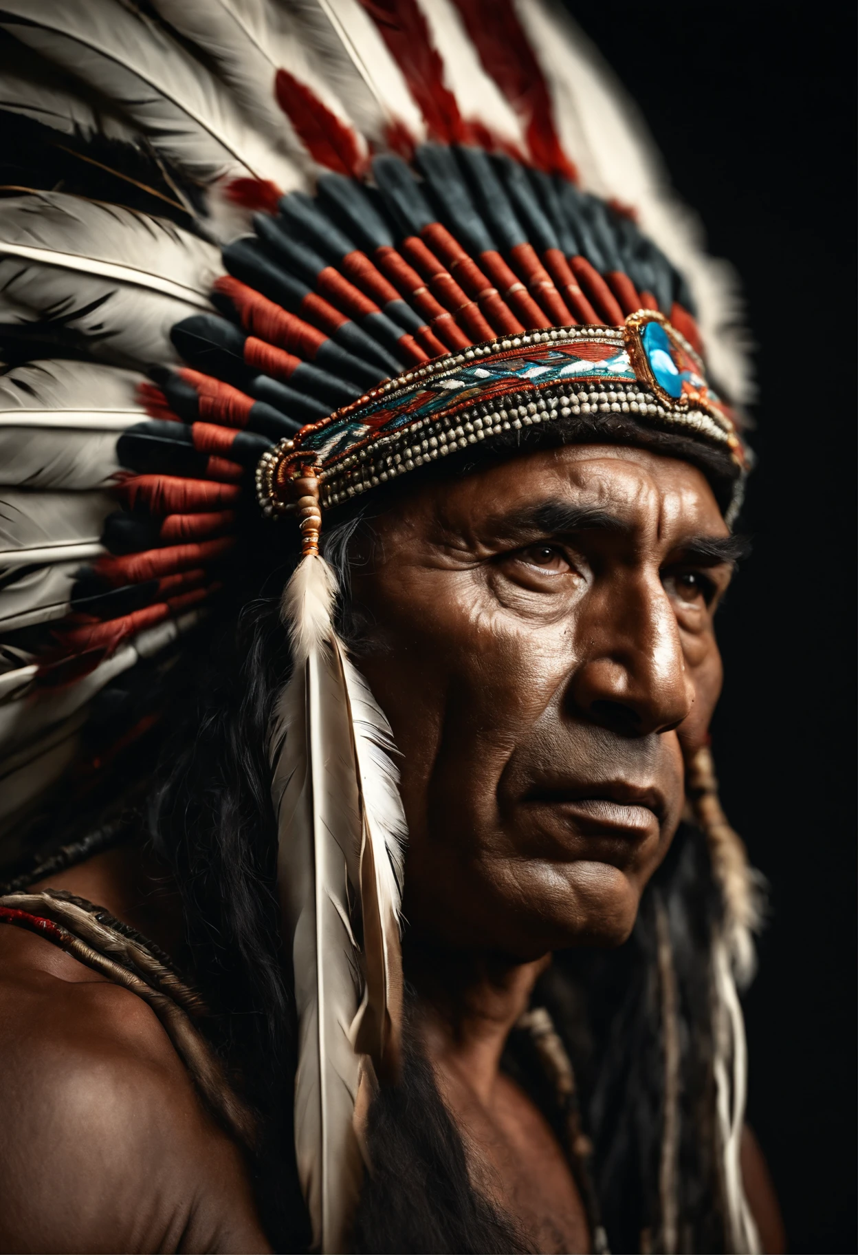 Hyperrealistic cinematic image of a native Indian with feathers on his head, Arte nativa americana, Indian warrior, Nativo americano, Guerreiro nativo americano, Arte nativa, Um guerreiro nativo americano, indigenous man, eagle feather, Guerreiro habilidoso do Apache, warrior spirit, american indian headdress, indigenous art, : native american shamen fantasy, Indigenous, native american folk art, Fotografia de arte indianarrealista, fotografia, obra-prima, realista, Realismo, renderizado, Alto contraste, digital art photographyrealistic trend in Artstation 8k HD high definition detailed realistic, detalhado, textura da pele, hiper detalhado, textura de pele realista, armadura, melhor qualidade, ultra high-resolution, (fotografiarrealista: 1.4), alta resolução, detalhado, Calado bruto, sharp re, por lee jeffries Nikon D850 Filme Fotografia de Stock 4 Kodak Portra 400 Lente F1.6 Rich Colors Realistic Texture Dramatic Texture Dramatic Lighting Irrealengine Trend on Artstation Cinestill 800