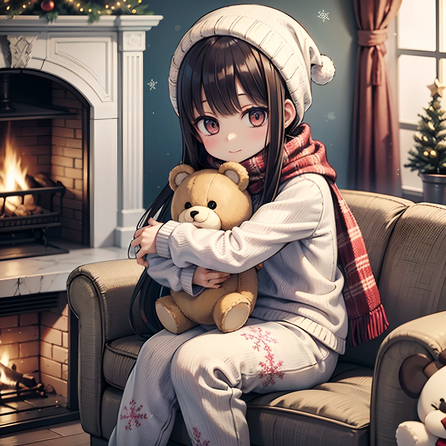 Cozy image of a girl, With a nice appearance, Wearing snowflake print pajamas. She sits in front of the fireplace, Hugging a teddy bear with a knitting scarf. The environment is decorated with Christmas decorations and soft lights, Convey warmth and comfort.