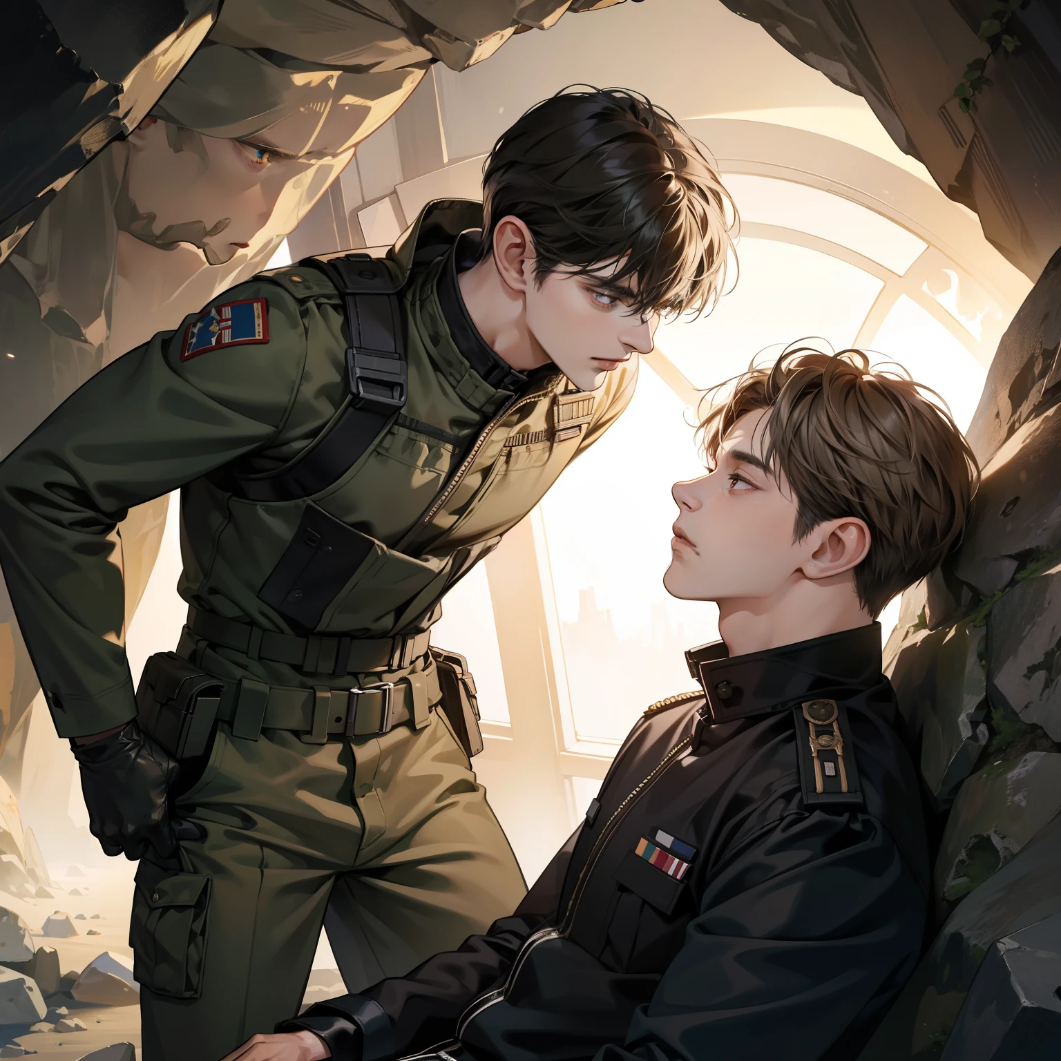 Masterpiece, high quality, best quality, HD, realistic, perfect lighting, 2 man, same colour, expression, military suit, in the cave.