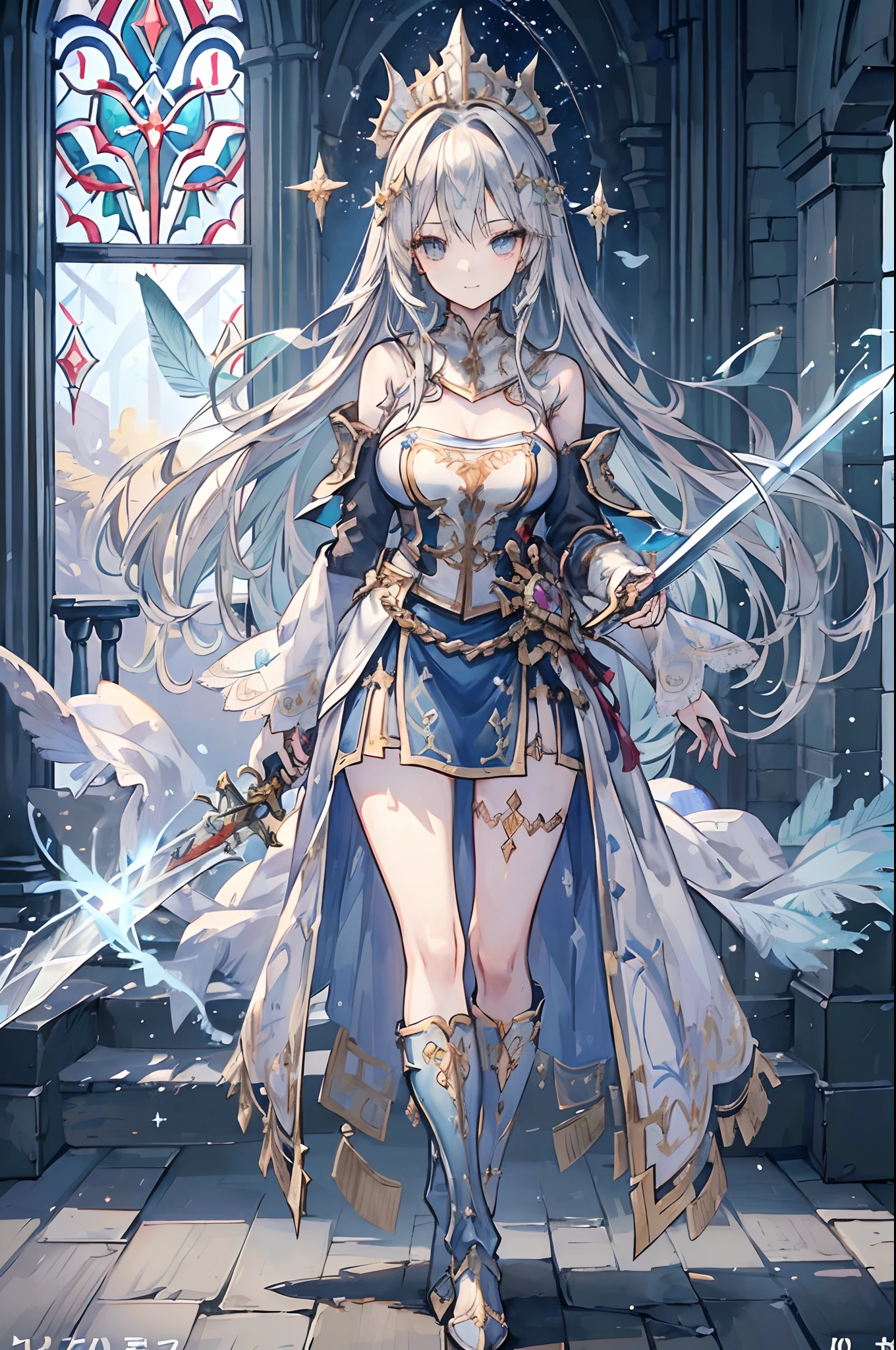 (Official art、Best Quality、Unity 8k Wallpapers、32K、masterpiece、ultra-detailliert、超A high resolution、realisitic、Photorealsitic、Very ridiculous:1.2)、(Cinematic lighting:1.2)、Fireglow effect、film grains、Best Shadows、Rim lighting、side lights、(Ultra-detailed and complex 3D rendering)、Detailed beautiful face and eyes、Sharp pupils、Realistic pupils、A slender、1Man Woman、Medium bust、(Full body:1.2)、 beauitful face、-yeld beiful girl、(super detailed skin、detailed skin textures:1.3)、(silver blond、Blue-silver hair:1.3)、Paladin、Longhaire、Blunt bangs、Green eyes、3 braids in 1 bunch、(Blue Armor、Blue Boots、Blue helmet、Jeweled、Gold embroidery)、A slender、Maxi skirt、(thighs thighs thighs thighs:0.8)、(chies、in a house、Artistic stained glass、Large pipe organ、Hello Point、Mystical、a lot of feathers float、angelicales、Particles of light、solemnity、Sunlight is、colourfull、Fantastical:1.2)、(Fantastical:1.3)、(Holding the Holy Sword:1.4)、Fantastical、Smiling smile