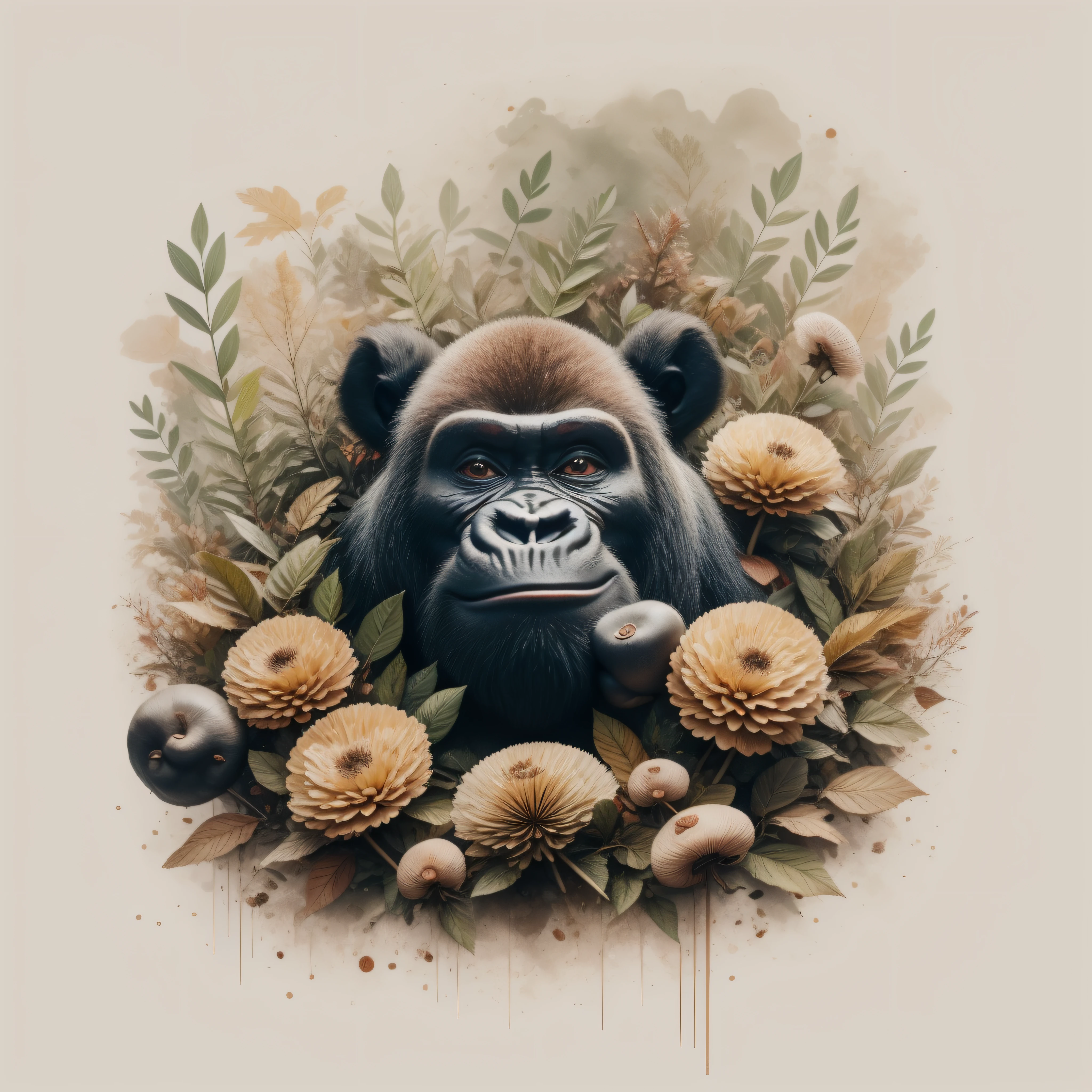 There's a gorilla in a pile of leaves and mushrooms, gorila caprichosa,Ethereal Gorilla, por Jeka Kemp, Beautiful autumn spirit, autumn, Gorilla illustration, por Andrée Ruellan, gorila linda, por Caroline Chariot-Dayez, Animal gorila, Teniente Zofia Stryjenska, El encantador gorila peludo, Inspirado en Nicoletta Ceccoli