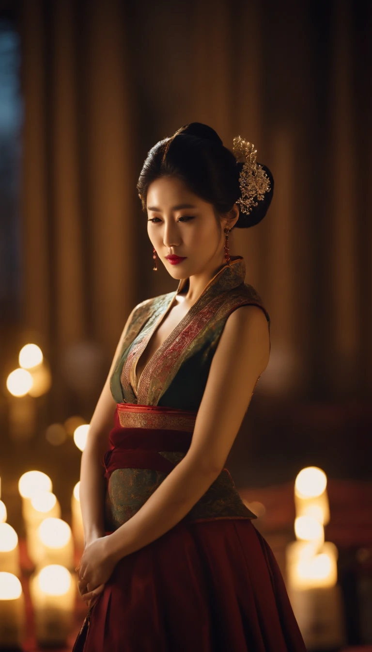 South Korean queen, extremally hot, Biggest breast, deep cleavage, wearing south Korean traditional outfit, Depth of field, cinematic light, lens flare, in the dark, deep shadow, (looking at viewer), clear deep eyes, blurry background, dim lights, 9:16 image, masterpiece, max image quality, 8k, ultra HD.