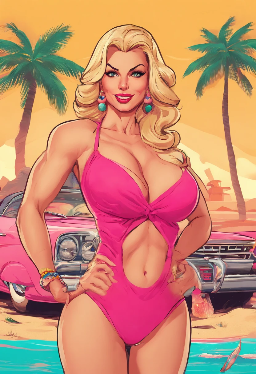 Generar ilustraciones , Glassmorphism, Obra maestra, Best Film, Estilo de la cultura pop, pulpa, QUEBRAR, a 30 years-old woman,rubia,norteamericana, (musculosa),(Female Bodybuilders),(Huge breasts that are about to burst),French swimsuit from the 1950s, Mirar amigablemente al espectador, como si la invitara a comprar, Ropa educada,posando frente a la playa