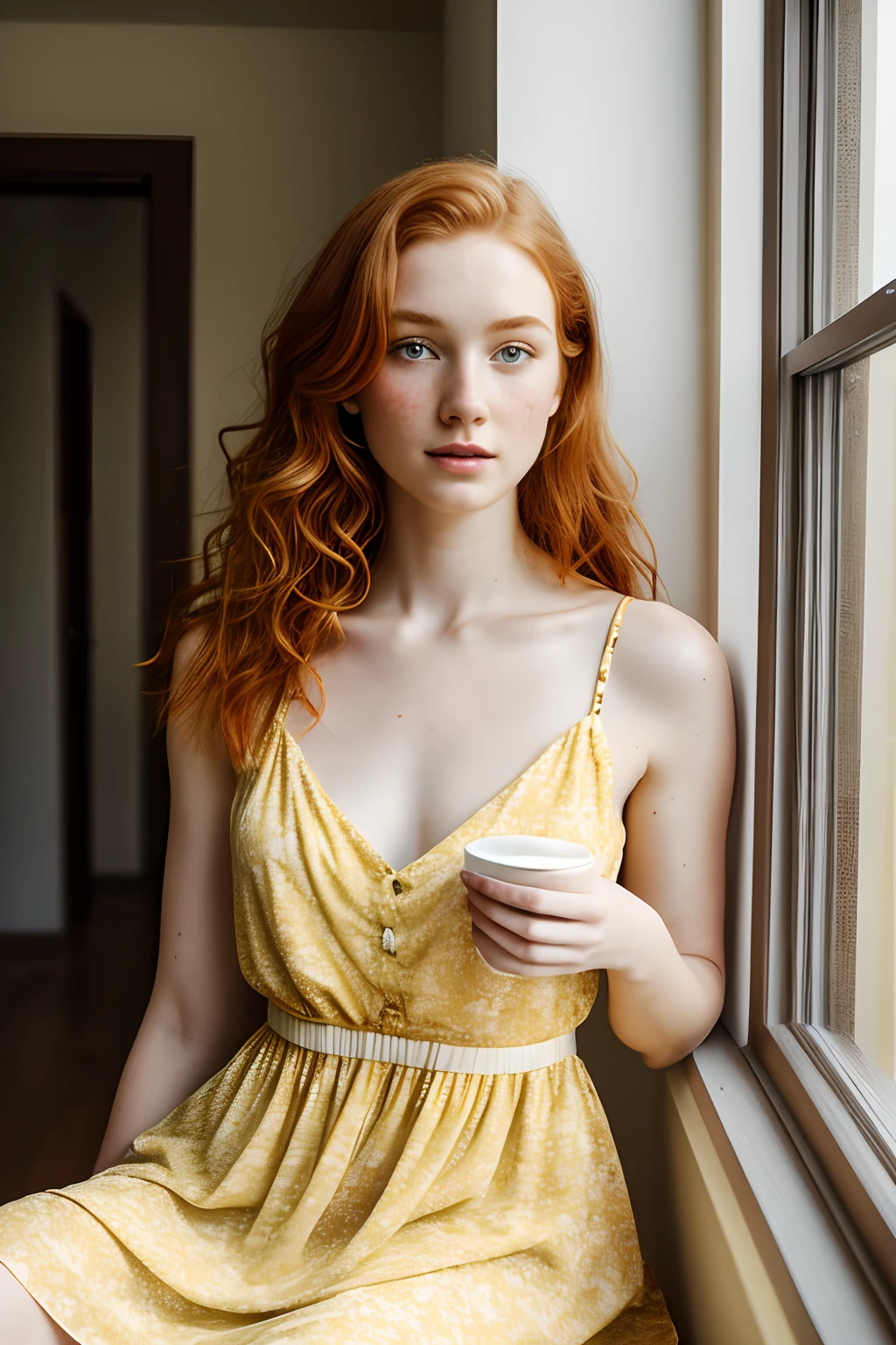 1girl in, age19, Solo, Aesthetic artwork, irish redhead, wavy ginger hair, shoulder length ginger hair, gray eyes, light grey eyes, some small freckles, pale skin, A-cup, small breasts, runners body, (textured skin, skin pores:1.1), (moles:0.8), imperfect skin, goosebumps, sitting down having coffee, drinking coffee, (extremely detailed 8k wallpaper), soft lighting, high quality, film grain, Fujifilm XT3 sharp focus, f 5.6, 50mm, High Detail, Sharp focus,(natural light), in a yellow colored dress. A yellow sundress, floral pattern sundress, crazy details, complex details, hyperdetailed