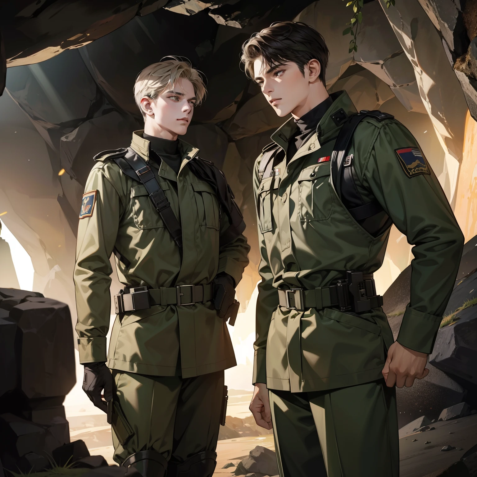 Masterpiece, high quality, best quality, HD, realistic, perfect lighting, 2 man, same colour, expression, military suit, in the cave.