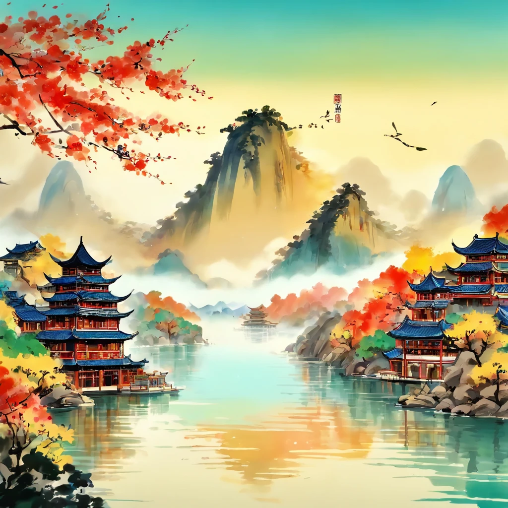 Yueyang Building,Dongting Lake,In the distance, the water and sky are colorful,Tradition Chinese Ink Painting,wide high angle view,Beautiful poster,Qi Baishi,It is mainly light cyan