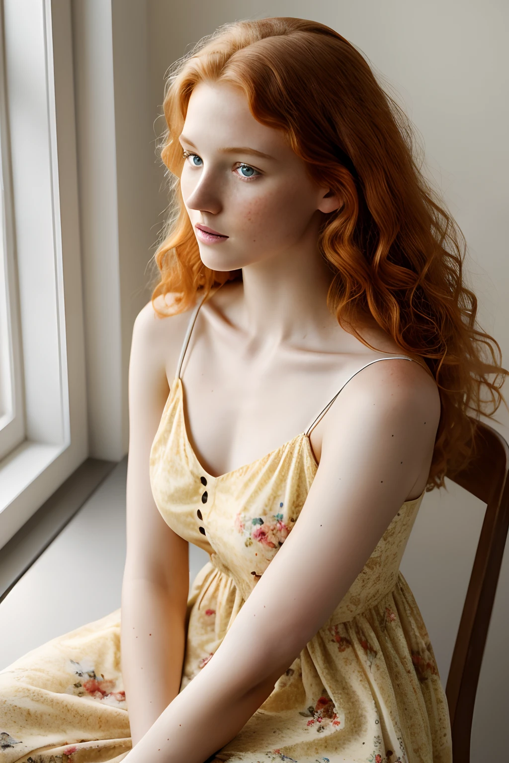 1girl in, 19, Solo, Aesthetic artwork, irish  redhead, wavy ginger hair, shoulder length ginger hair, gray eyes, light grey eyes, some small freckles, pale skin, A-cup, small breasts, runners body, (textured skin, skin pores:1.1), (moles:0.8), imperfect skin, goosebumps, sitting down having coffee, drinking coffee, (extremely detailed 8k wallpaper), soft lighting, high quality, film grain, Fujifilm XT3 sharp focus, f 5.6, 50mm, High Detail, Sharp focus,(natural light), in a pink colored dress. A pink sundress, floral pattern sundress, crazy details, complex details, hyperdetailed