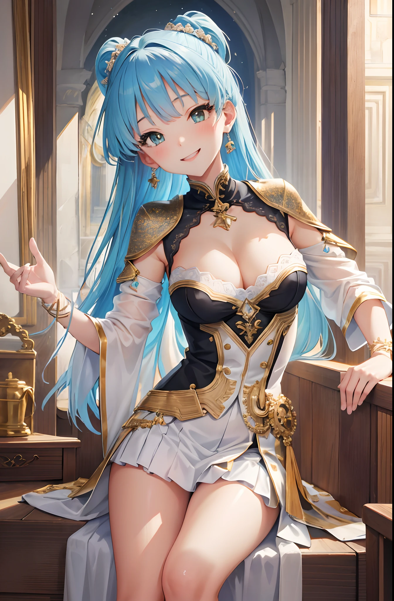 ​masterpiece、top-quality、The ultra -The high-definition、hight resolution、Transcendent Technique Illustration、perfect anatomia、8K、a beauty girl、a smile、Chest Empty Dresses、cleavage of the breast、cute hairstyle、Random hair color