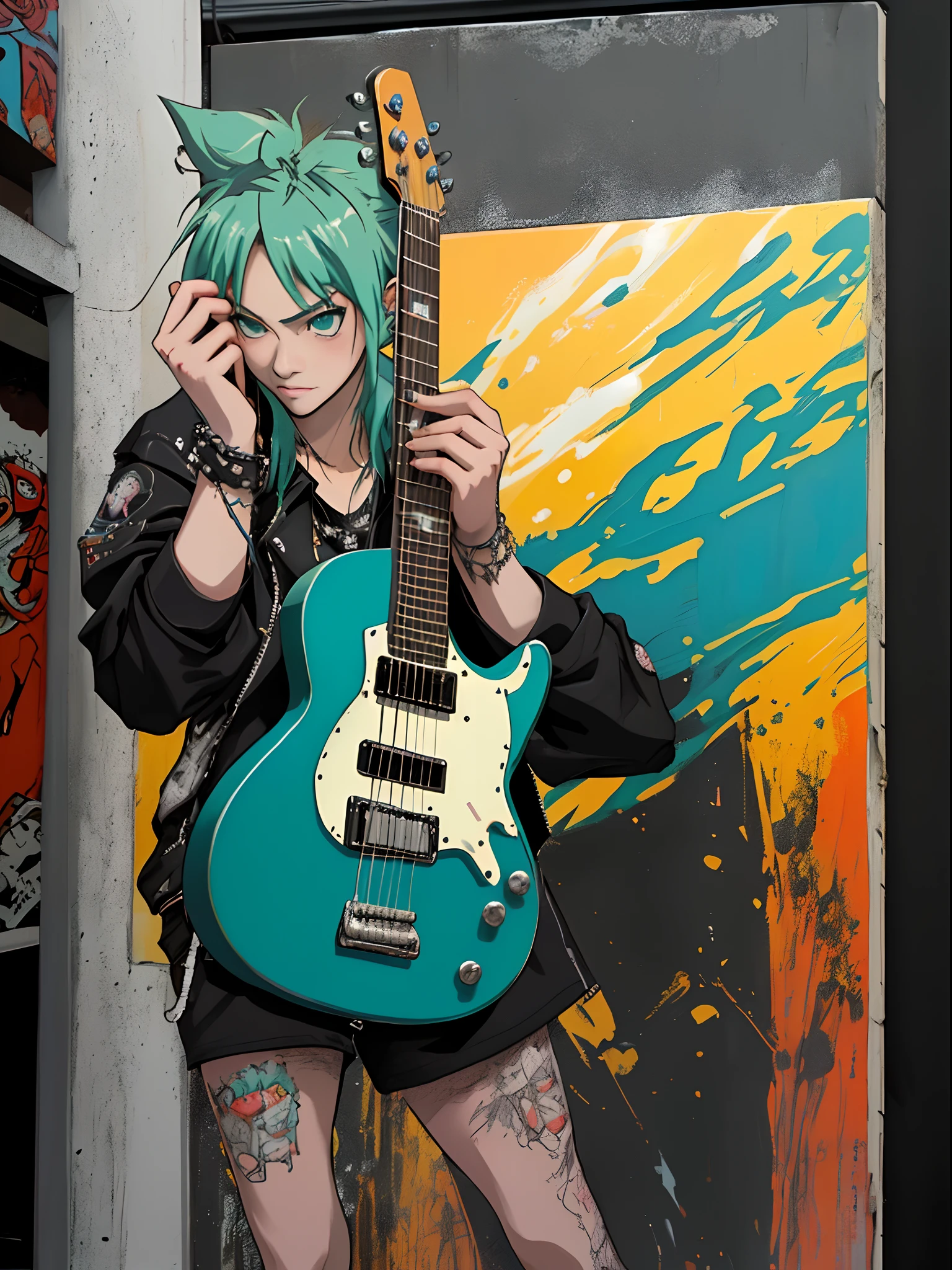 Hatsune miko heavy metal, thrash metal, hard rock, rock and roll, punk, punk music, power metal, prof rock, noise music, pintura simples, cores frias, contraste, anime style