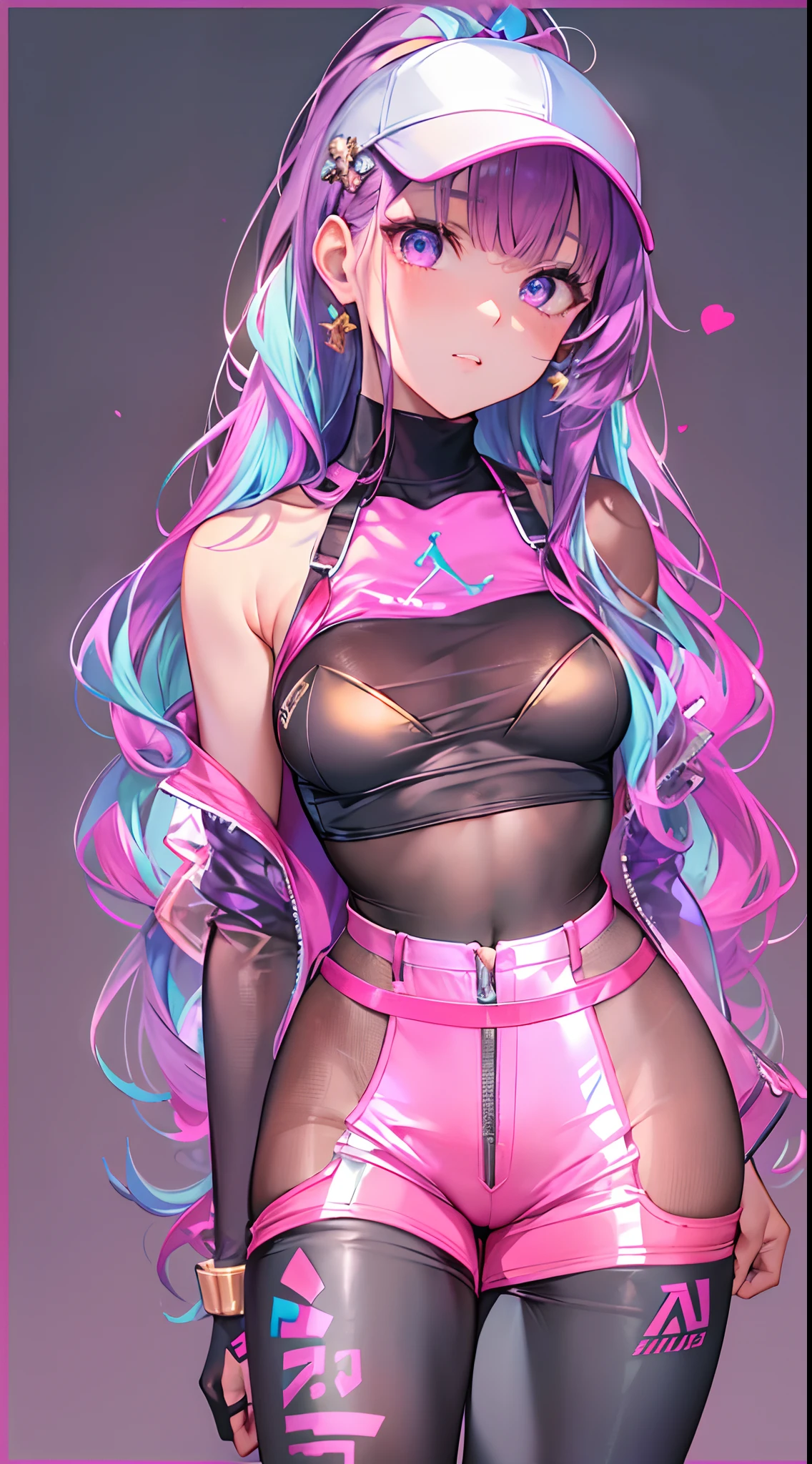 ((Masterpiece)), best quality, absurderes, ultra detailed, holographic, cowboy shot, golden ratio, super cute girl, mature girl, idol girl, super beautiful asian girl with very beautiful violet glowing eyes, beautiful glowing brown multicolored hair, high ponytail, nice and sexy body, slim body, perfect body, an anime printed super tight off shoulder long sleeve crop top, wearing super tight anime print micro shorts, a super aesthetic transparent mini jacket, beautiful hair ornament, pink jordan tennis, being photographed in a mall shop,( undressing, taking off micro shorts, showing neon pink panties, showing thong: 1.5)