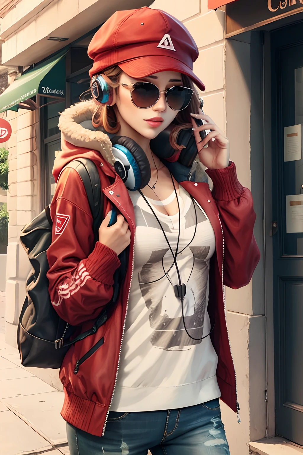 Teddy bear with sunglasses, Red cap and headphones, parecendo bem estilos, blusa moletom