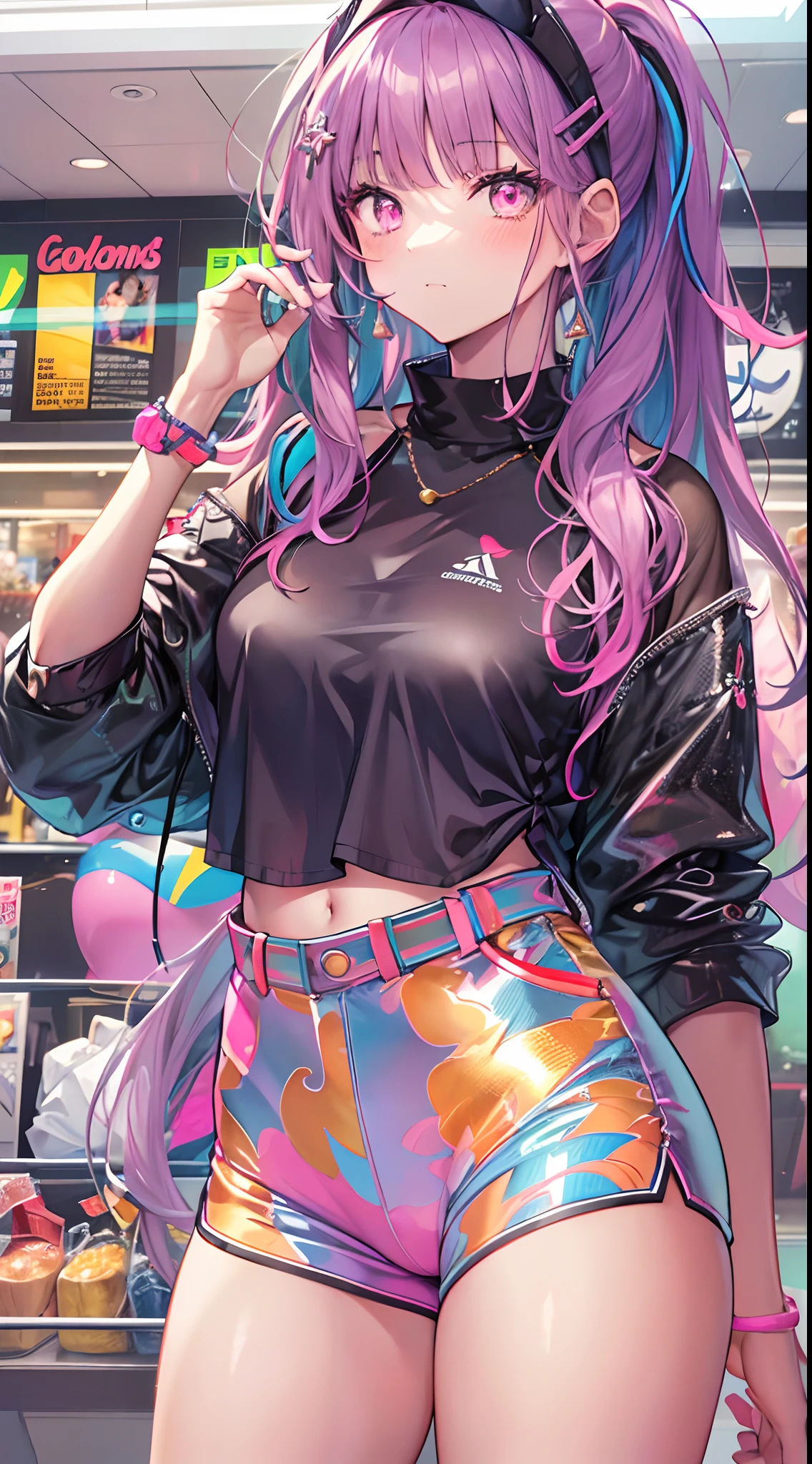 ((Masterpiece)), best quality, absurderes, ultra detailed, holographic, cowboy shot, golden ratio, super cute girl, mature girl, idol girl, super beautiful asian girl with very beautiful violet glowing eyes, beautiful glowing brown multicolored hair, high ponytail, nice and sexy body, slim body, perfect body, an anime printed super tight off shoulder long sleeve crop top, wearing super tight anime print micro shorts, a super aesthetic transparent mini jacket, beautiful hair ornament, pink jordan tennis, being photographed in a mall shop,( undressing, taking off micro shorts, showing neon pink panties, showing thong: 1.5)